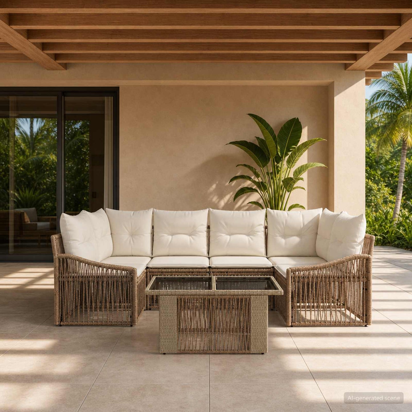 Gartensofa-set 7 stk. Beige und Cremeweiß Poly-Rattan