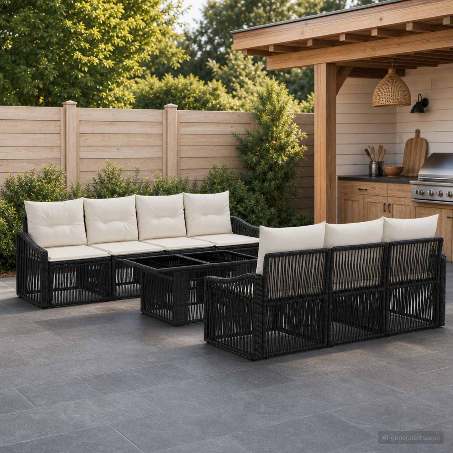 Gartensofa-set 8 stk. Schwarz und Cremeweiß Poly-Rattan