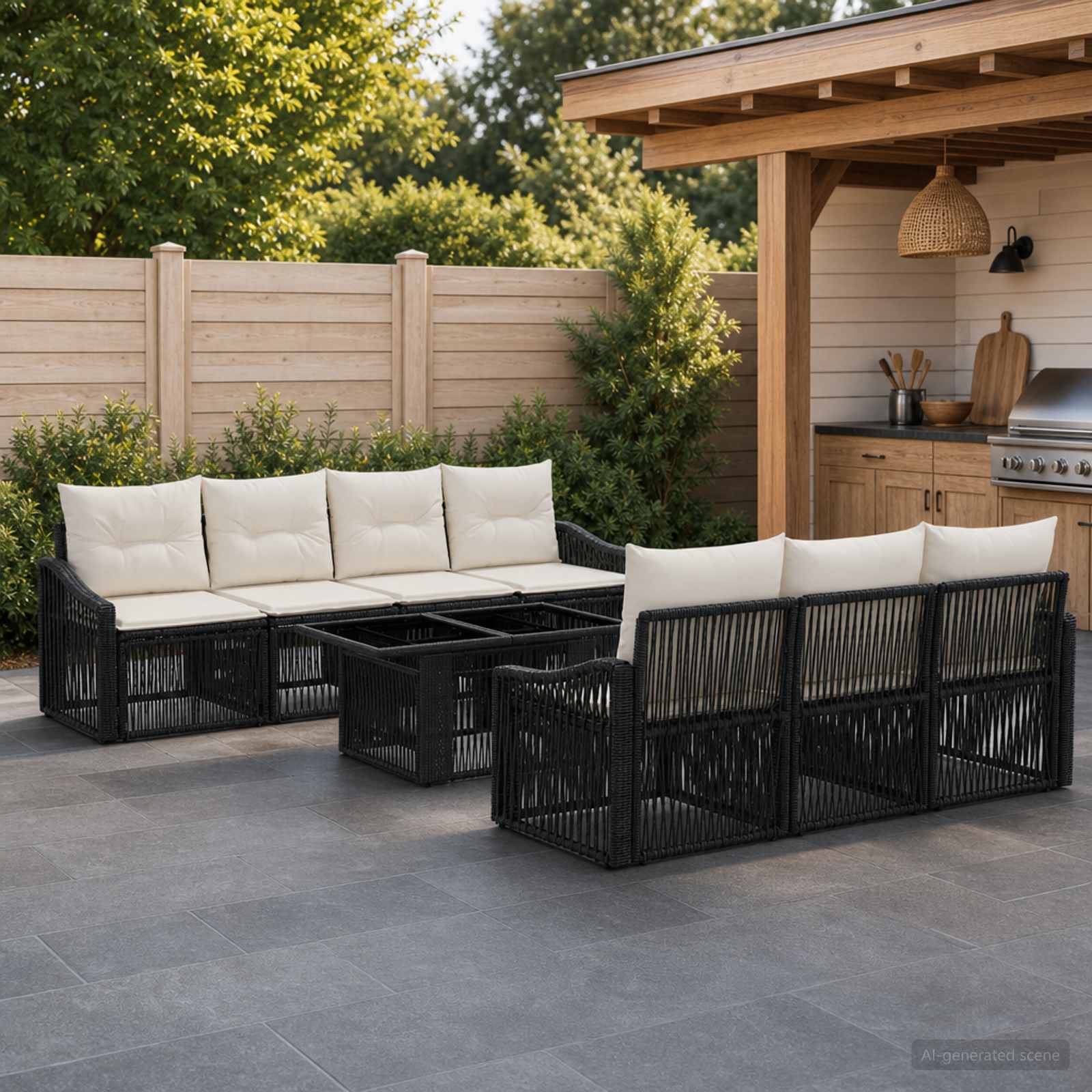 Gartensofa-set 8 stk. Schwarz und Cremeweiß Poly-Rattan