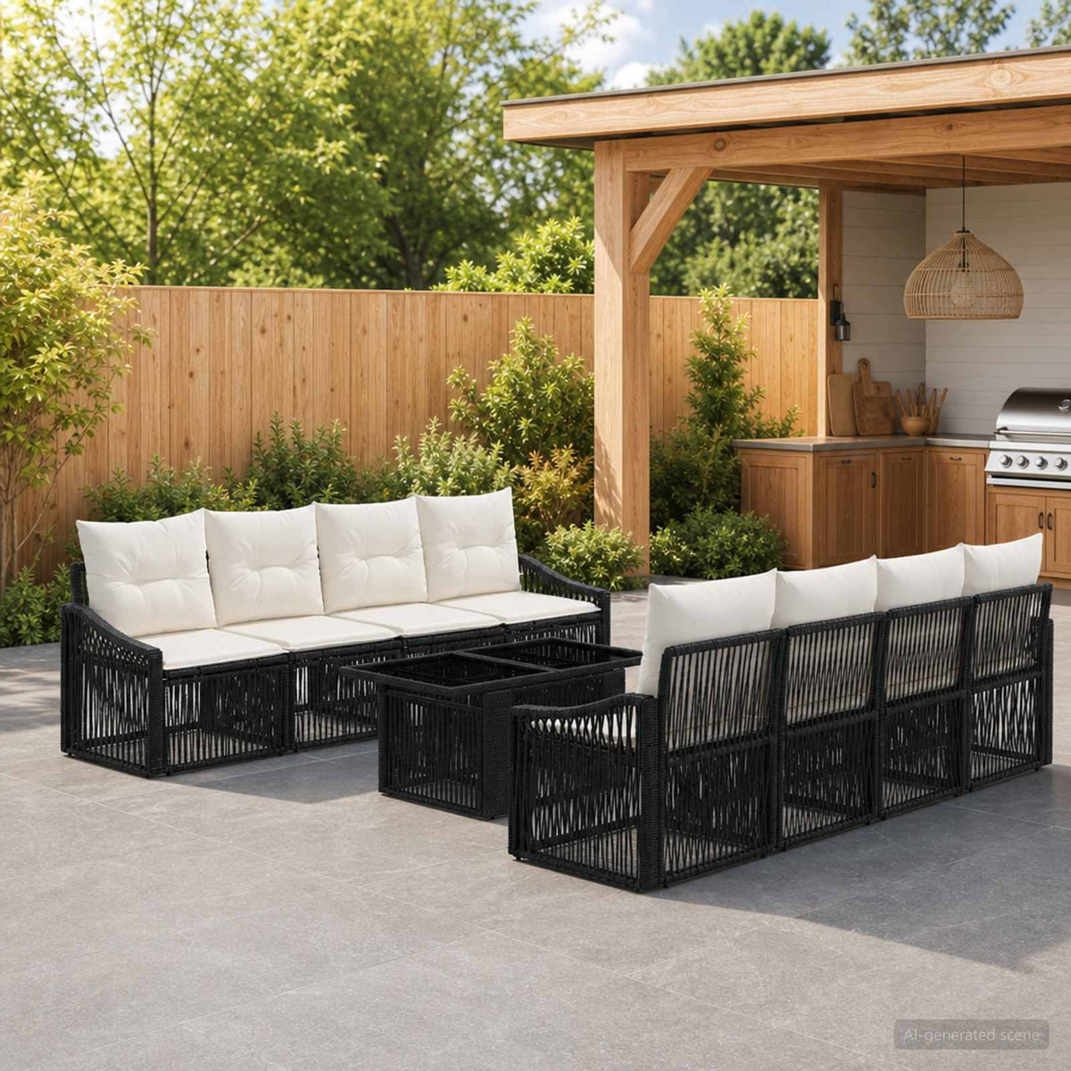 Gartensofa-set 9 stk. Schwarz und Cremeweiß Poly-Rattan