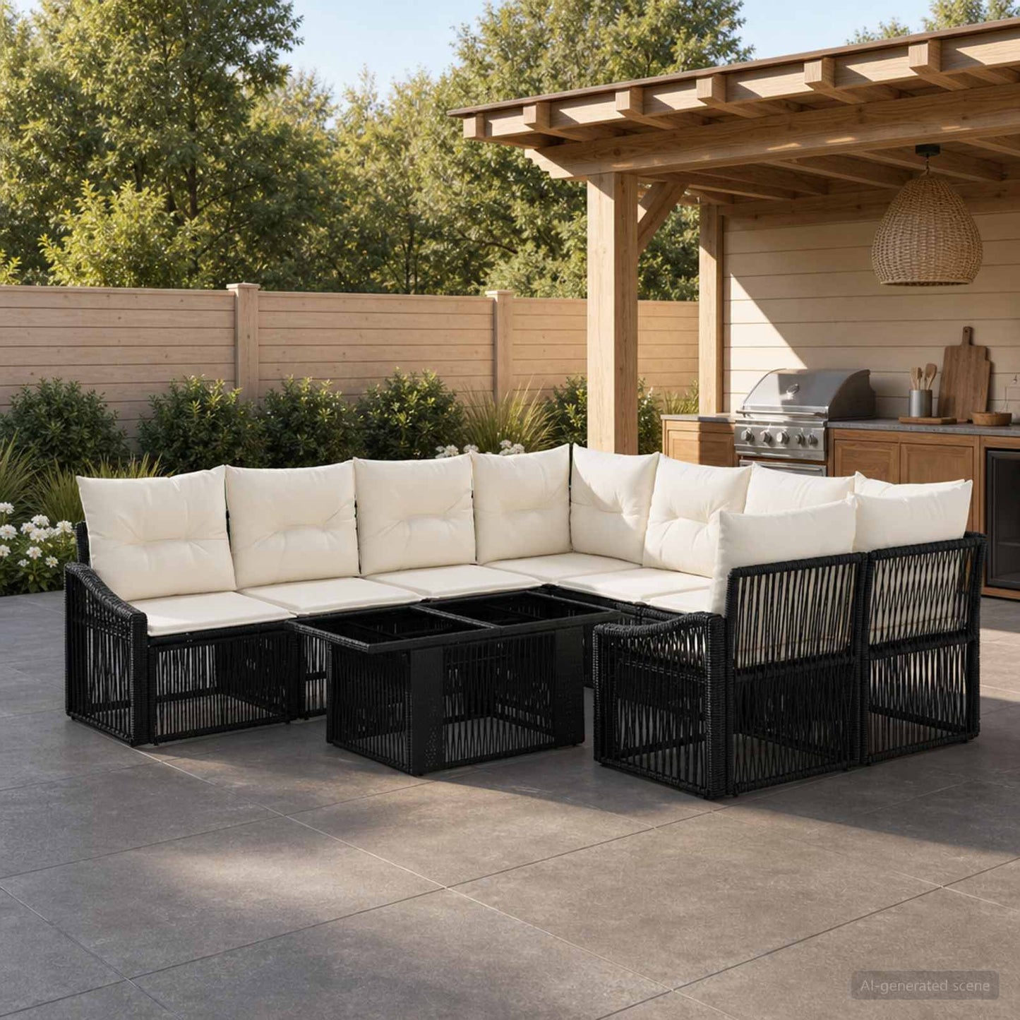 Gartensofa-set 9 stk. Schwarz und Cremeweiß Poly-Rattan