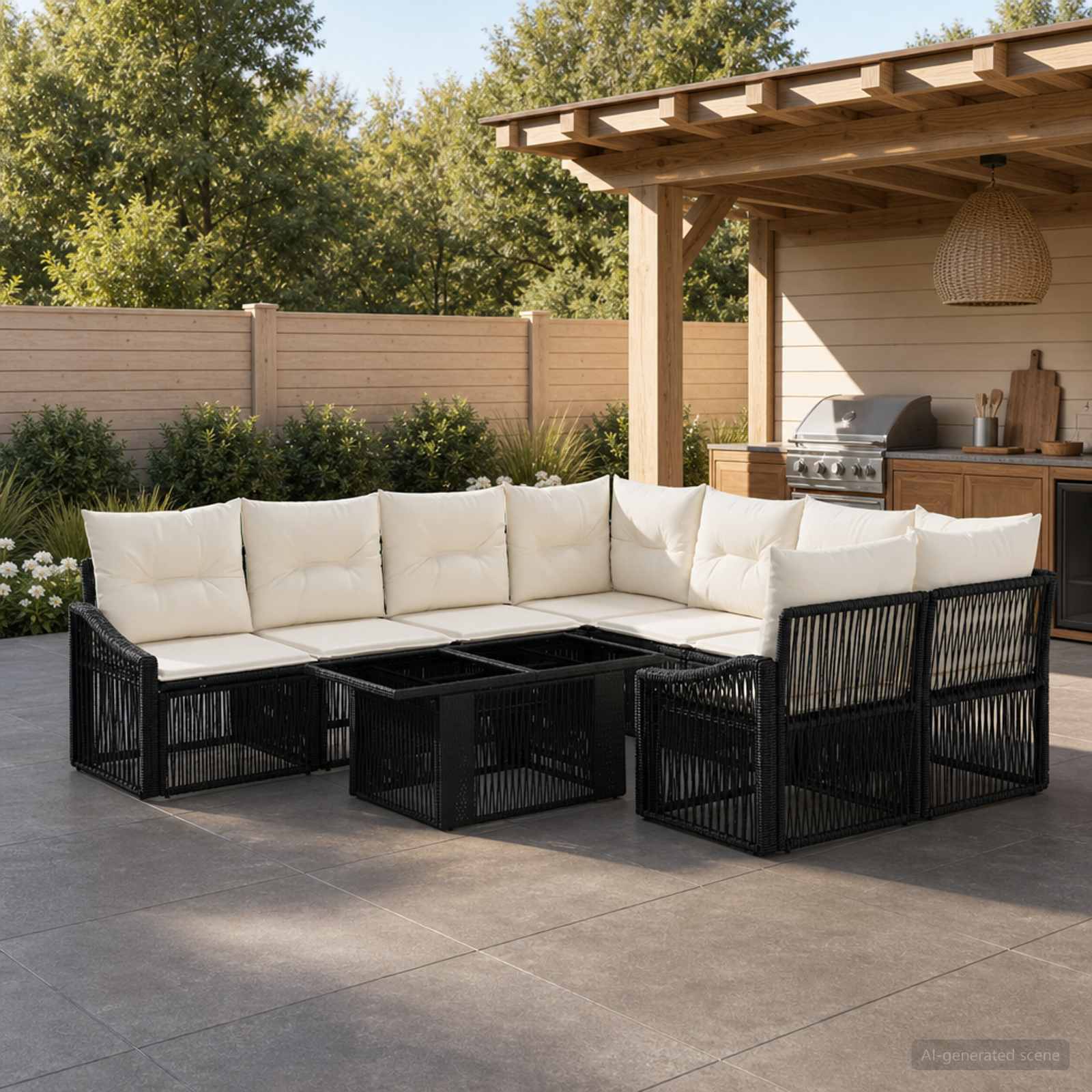 Gartensofa-set 9 stk. Schwarz und Cremeweiß Poly-Rattan