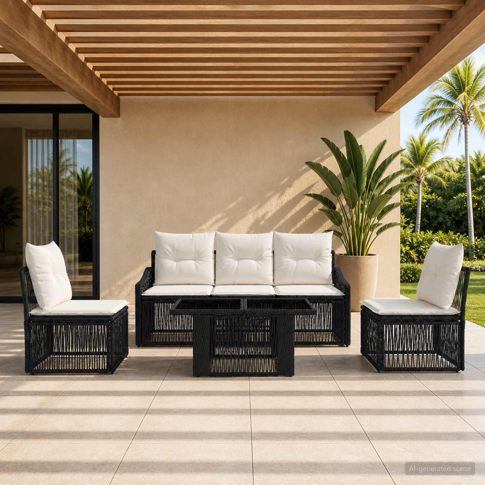 Gartensofa-set 6 stk. Schwarz und Cremeweiß Poly-Rattan