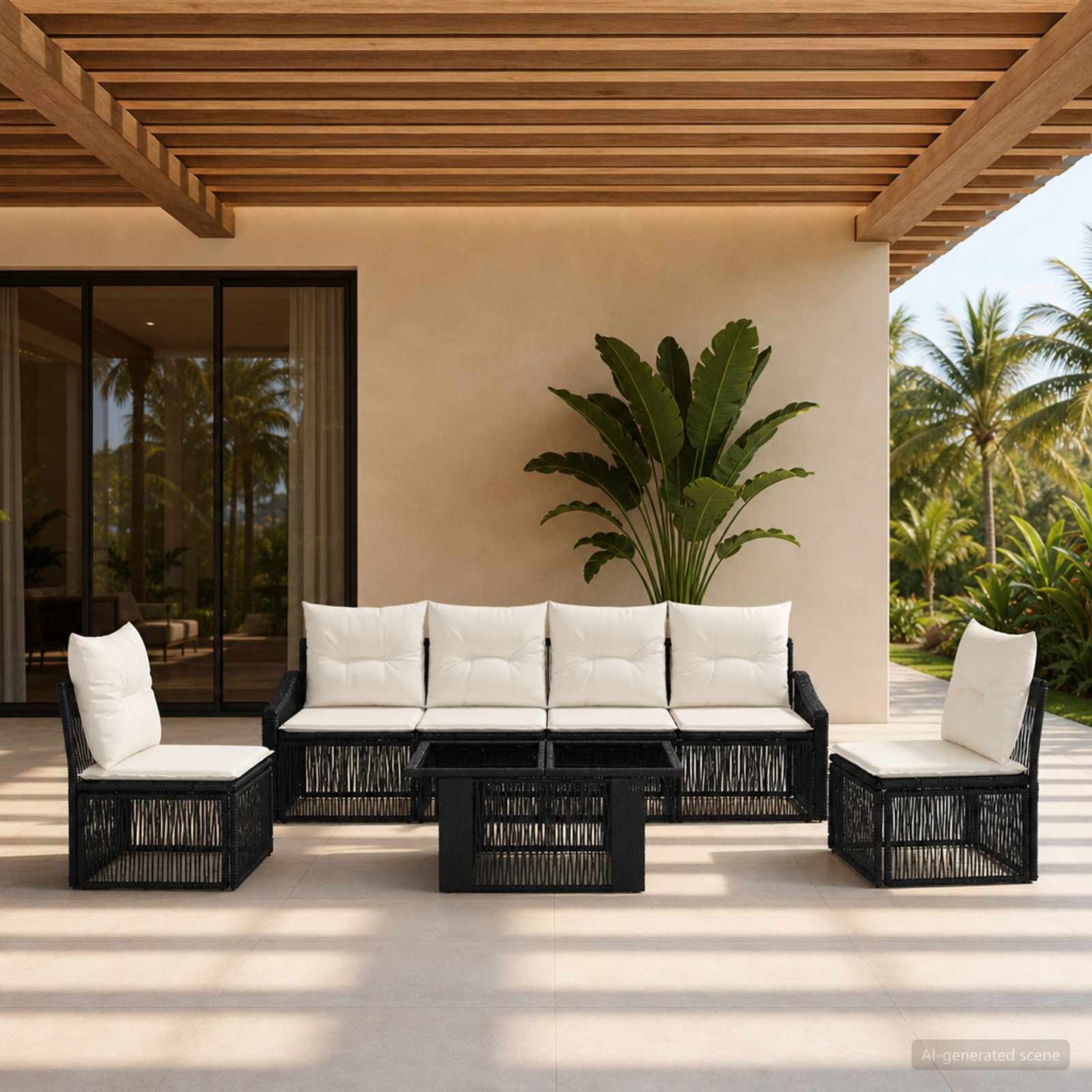 Gartensofa-set 7 stk. Schwarz und Cremeweiß Poly-Rattan