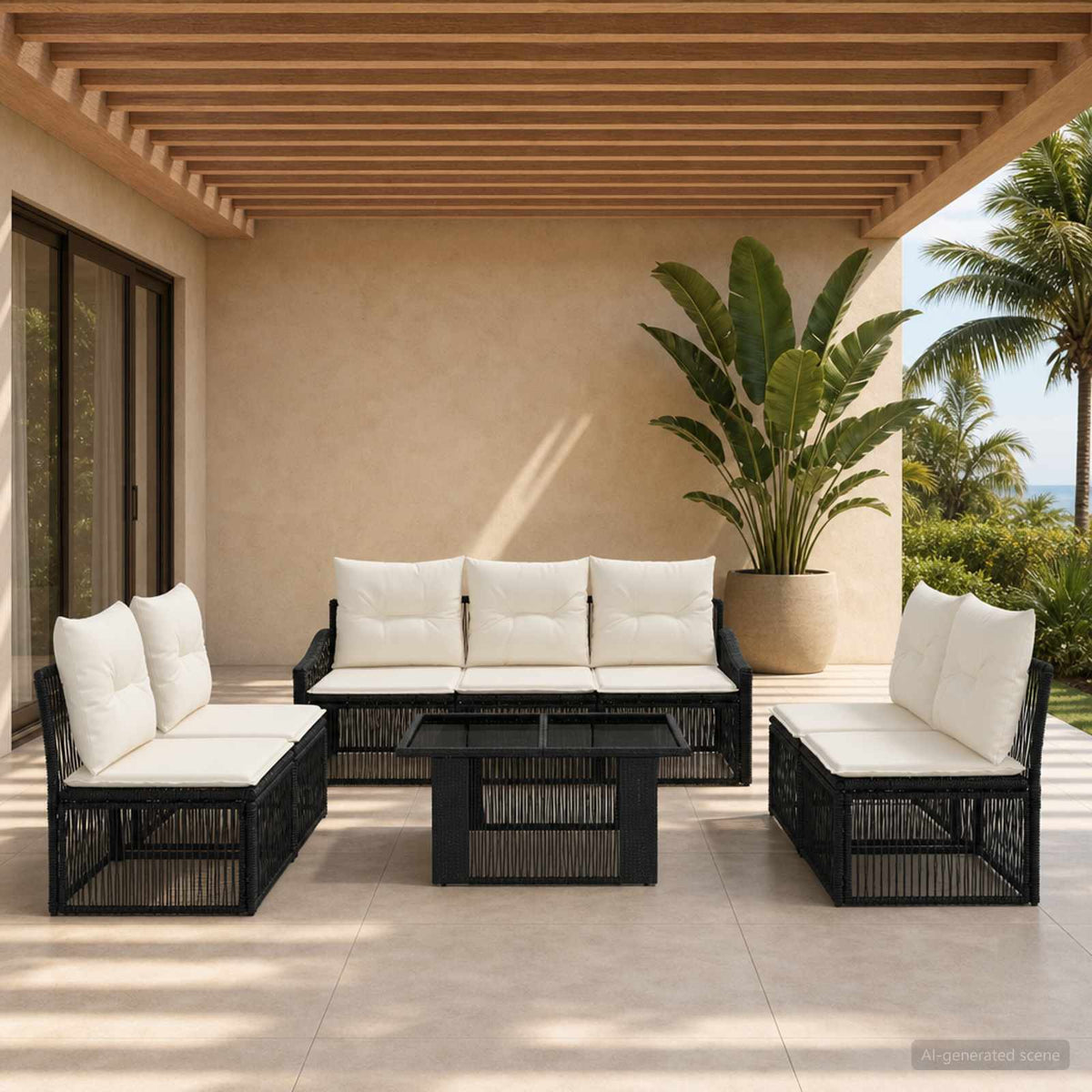 Gartensofa-set 8 stk. Schwarz und Cremeweiß Poly-Rattan