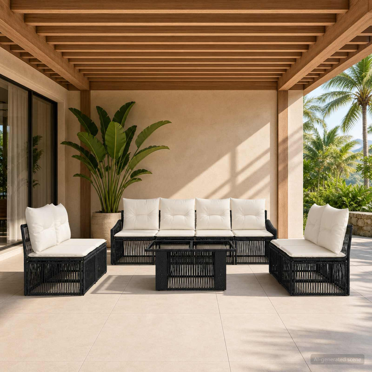 Gartensofa-set 9 stk. Schwarz und Cremeweiß Poly-Rattan