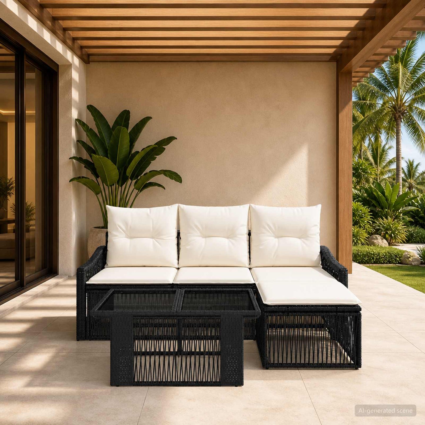 Gartensofa-set 5 stk. Schwarz und Cremeweiß Poly-Rattan