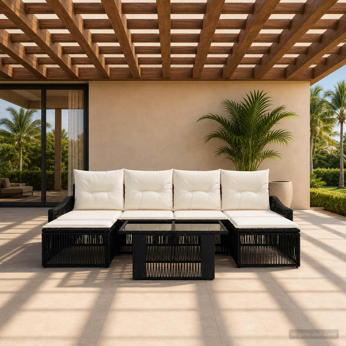 Gartensofa-set 6 stk. Schwarz und Cremeweiß Poly-Rattan