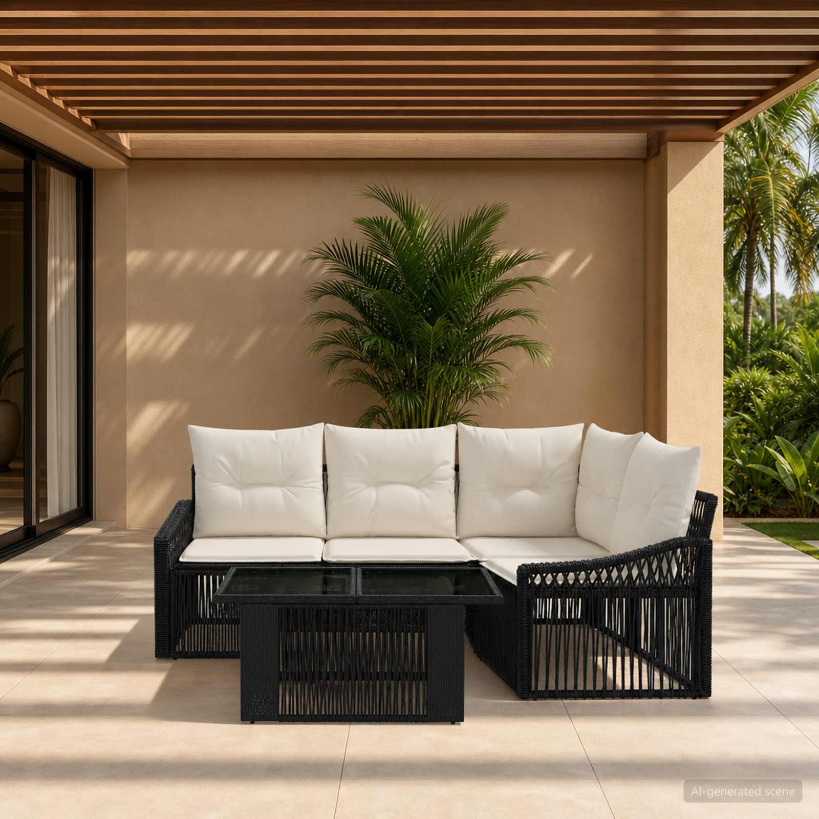 Gartensofa-set 5 stk. Schwarz und Cremeweiß Poly-Rattan