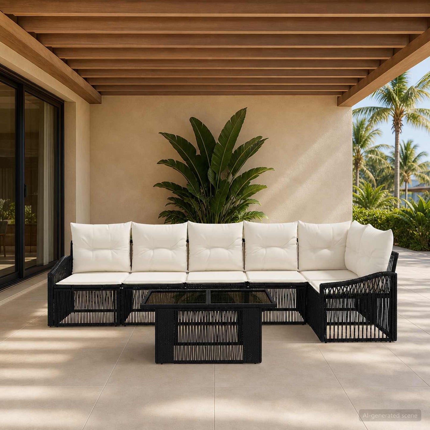 Gartensofa-set 7 stk. Schwarz und Cremeweiß Poly-Rattan