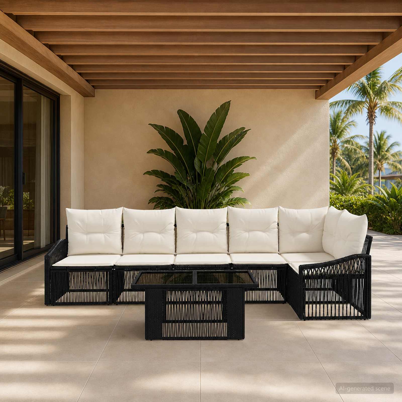 Gartensofa-set 7 stk. Schwarz und Cremeweiß Poly-Rattan