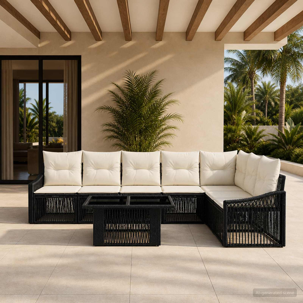 Gartensofa-set 8 stk. Schwarz und Cremeweiß Poly-Rattan