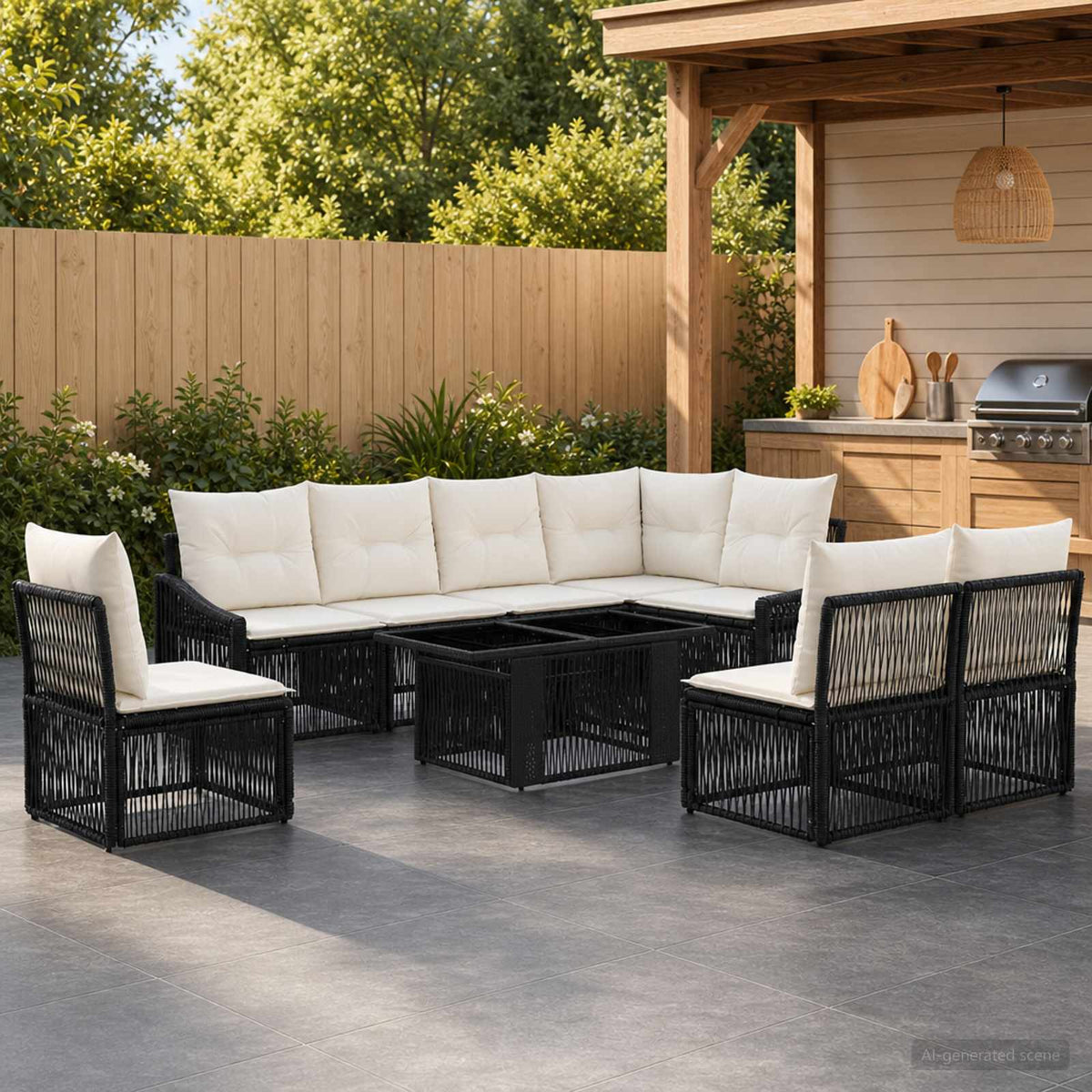 Gartensofa-set 9 stk. Schwarz und Cremeweiß Poly-Rattan