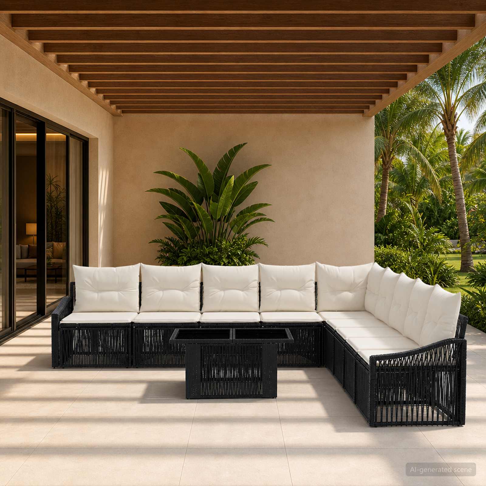 Gartensofa-set 10 stk. Schwarz und Cremeweiß Poly-Rattan