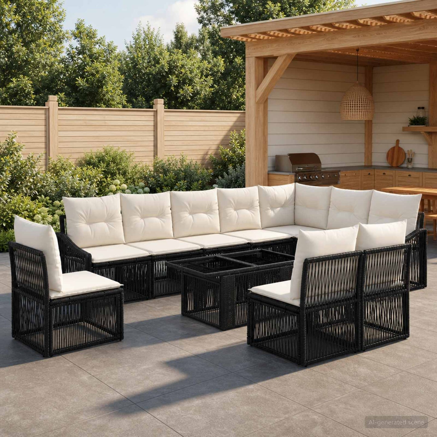 Gartensofa-set 11 stk. Schwarz und Cremeweiß Poly-Rattan
