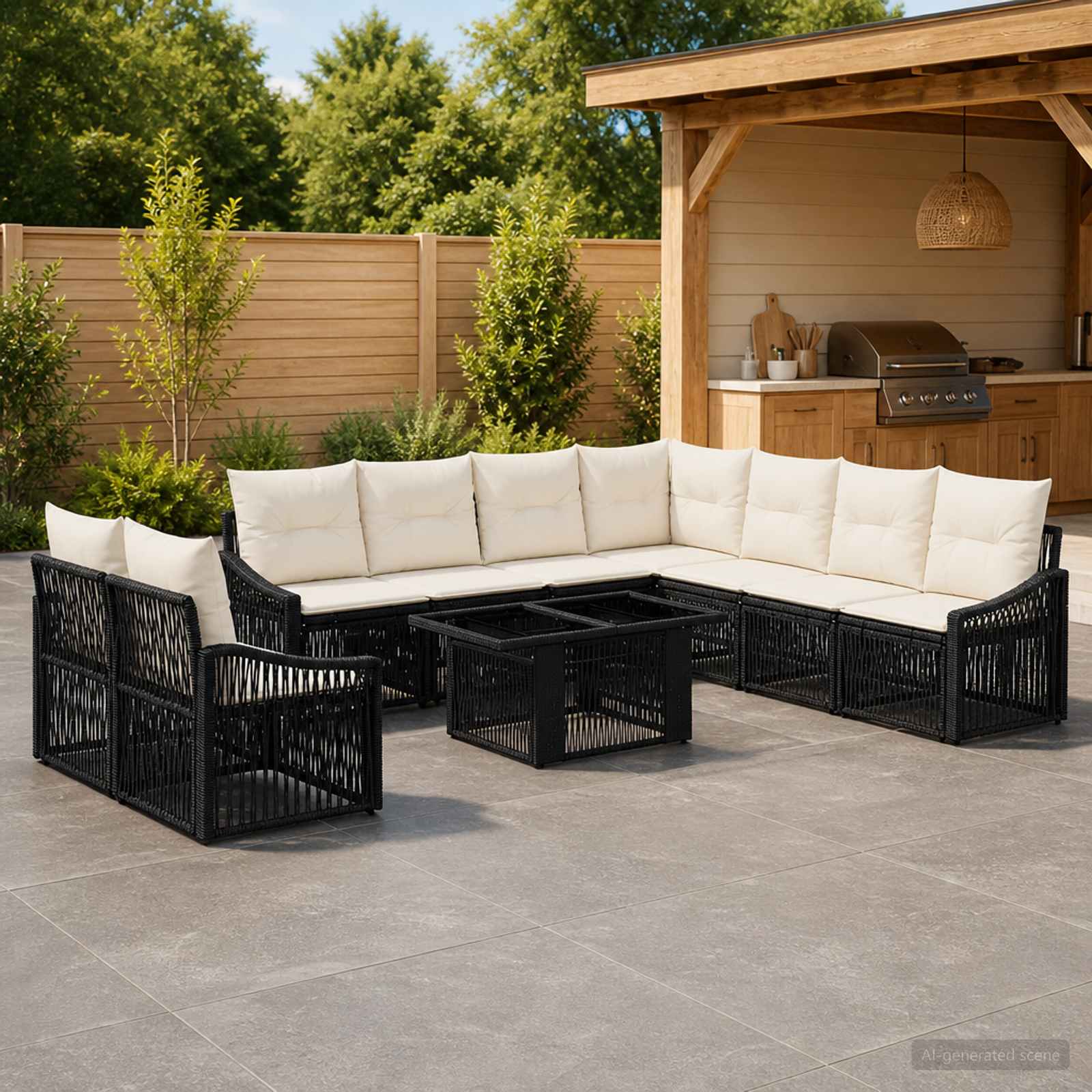 Gartensofa-set 10 stk. Schwarz und Cremeweiß Poly-Rattan