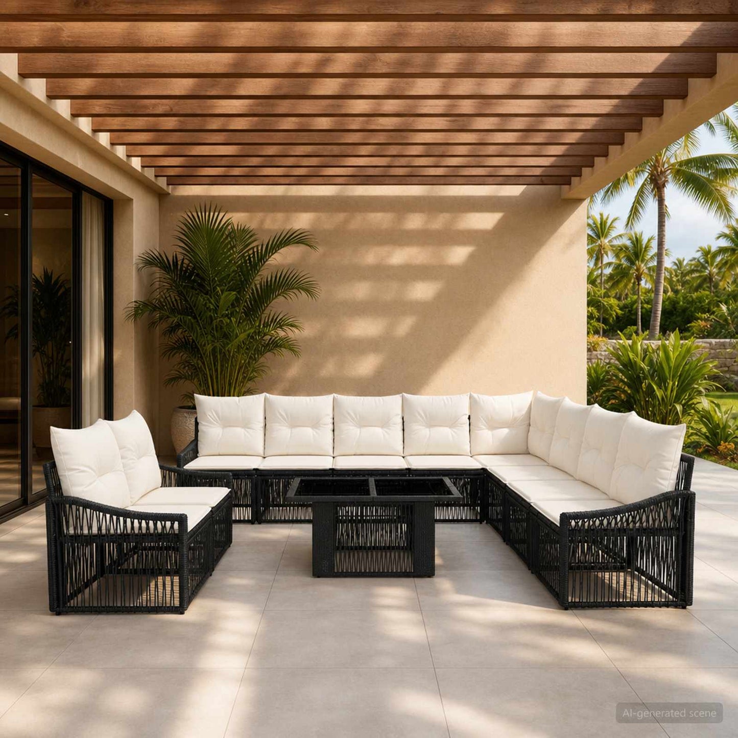 Gartensofa-set 11 stk. Schwarz und Cremeweiß Poly-Rattan