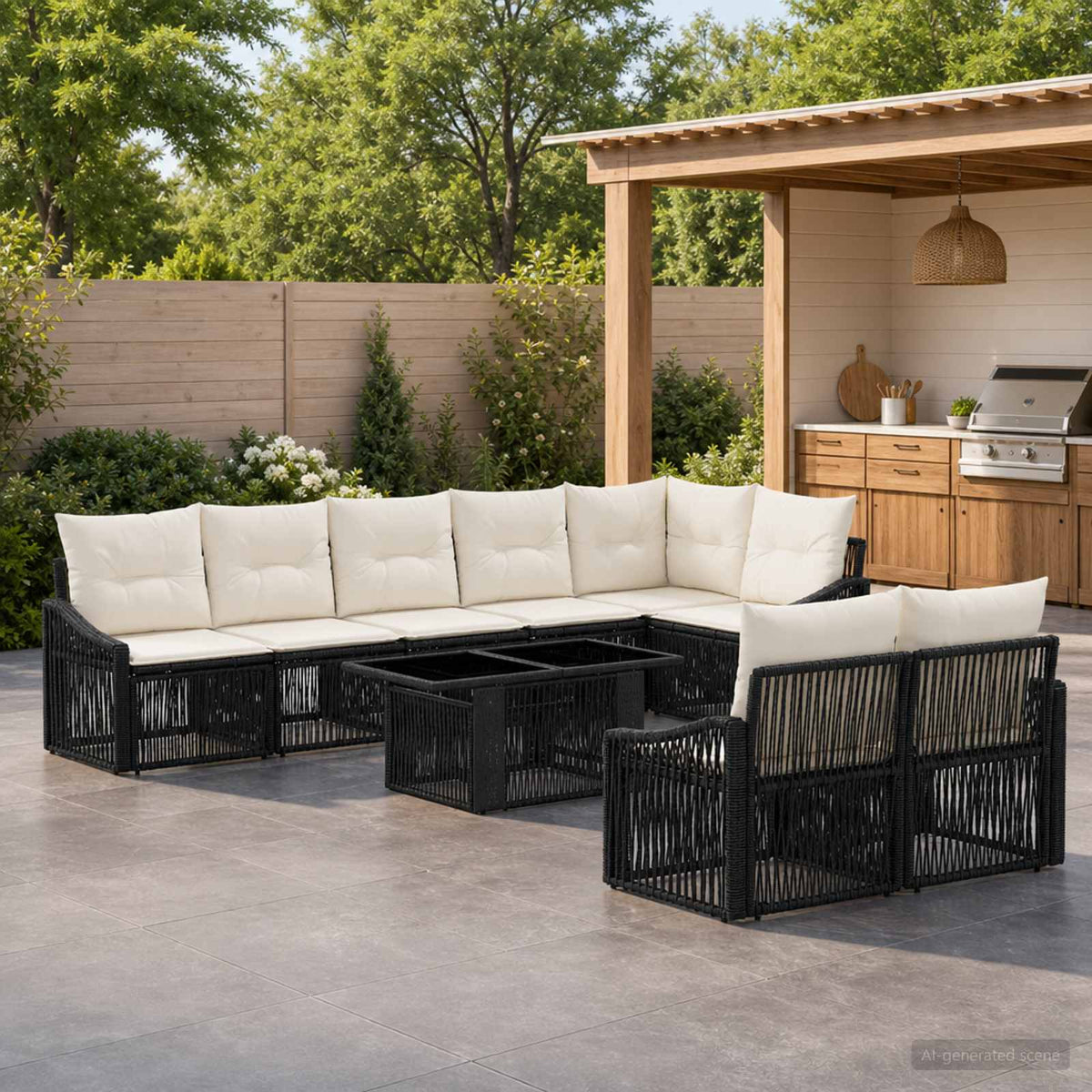 Gartensofa-set 9 stk. Schwarz und Cremeweiß Poly-Rattan