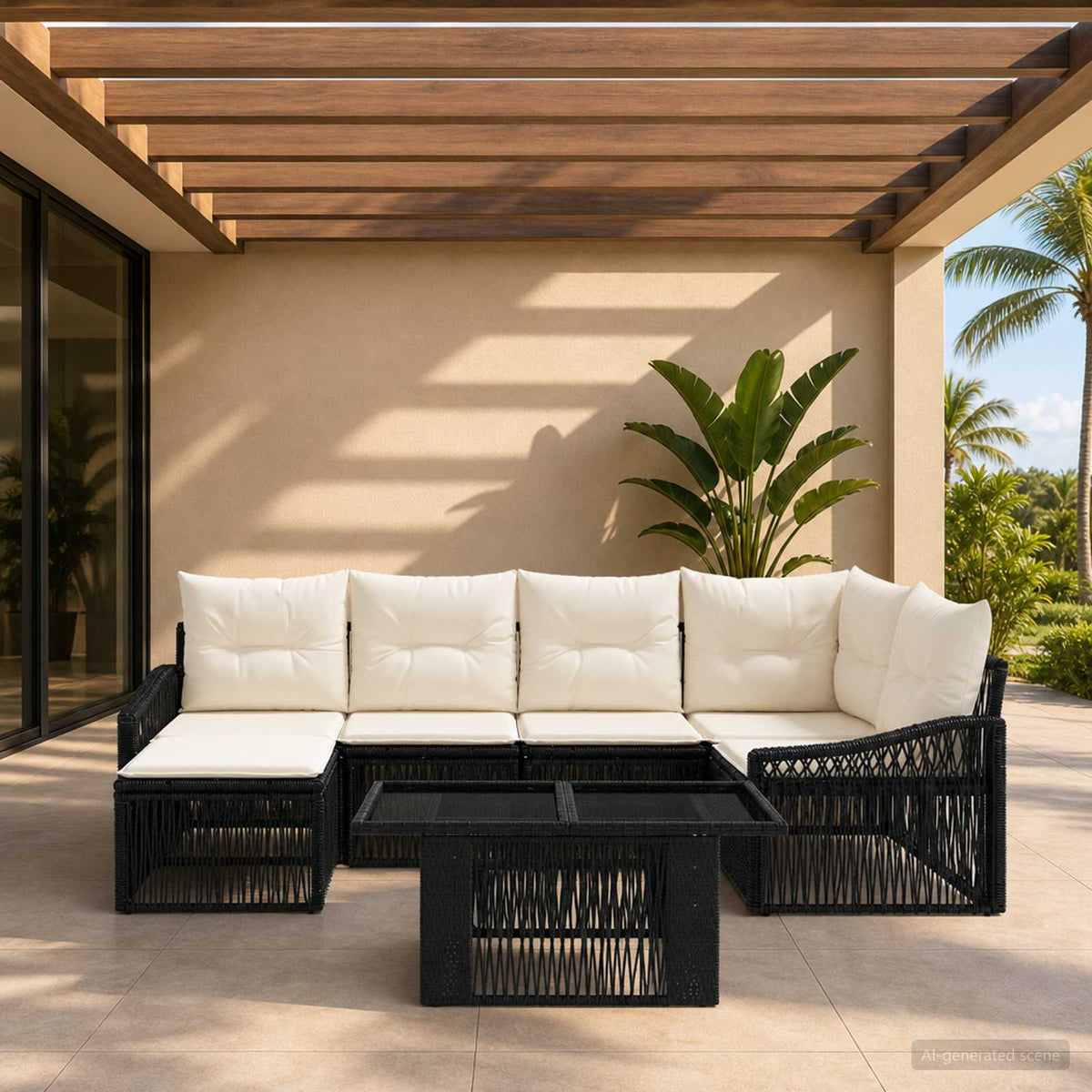 Gartensofa-set 7 stk. Schwarz und Cremeweiß Poly-Rattan