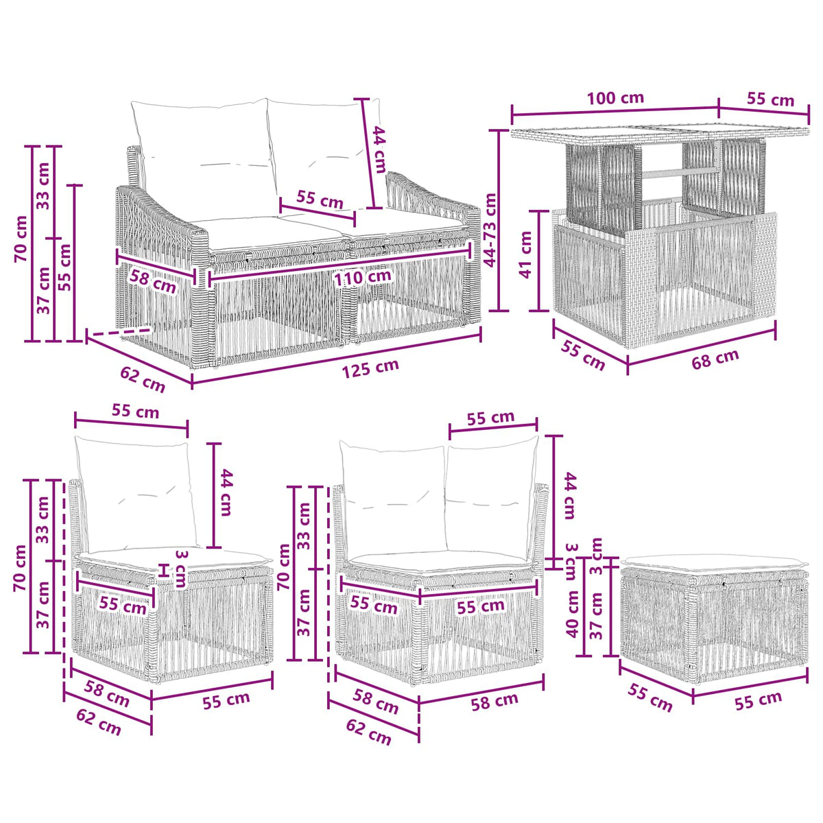 Gartensofa-set 7 stk. Schwarz und Cremeweiß Poly-Rattan