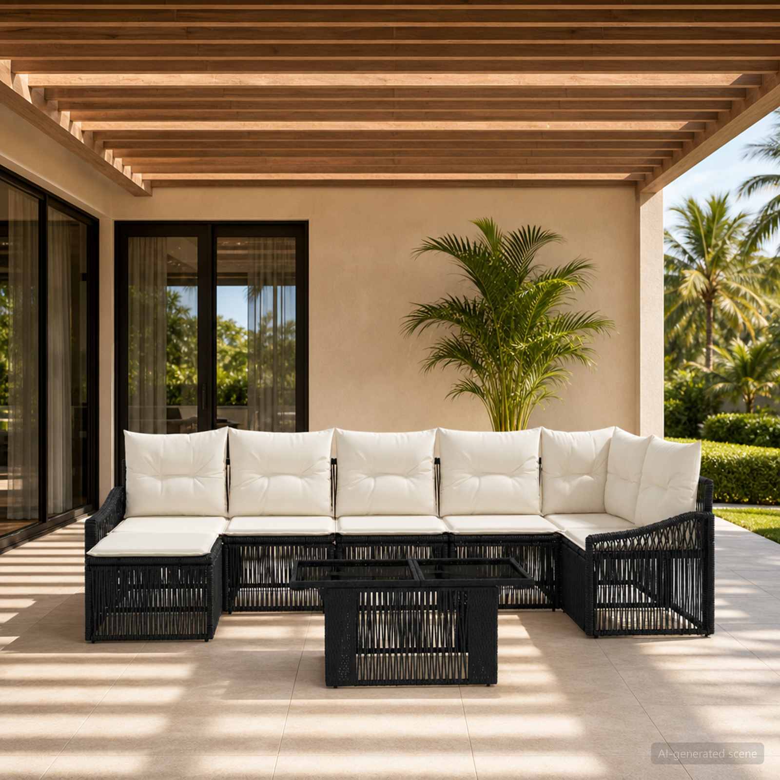 Gartensofa-set 8 stk. Schwarz und Cremeweiß Poly-Rattan