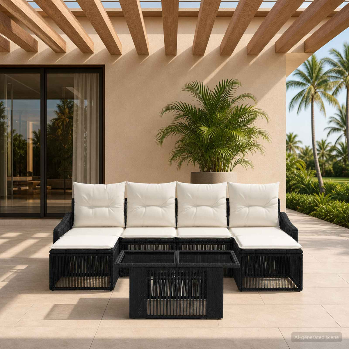Gartensofa-set 7 stk. Schwarz und Cremeweiß Poly-Rattan