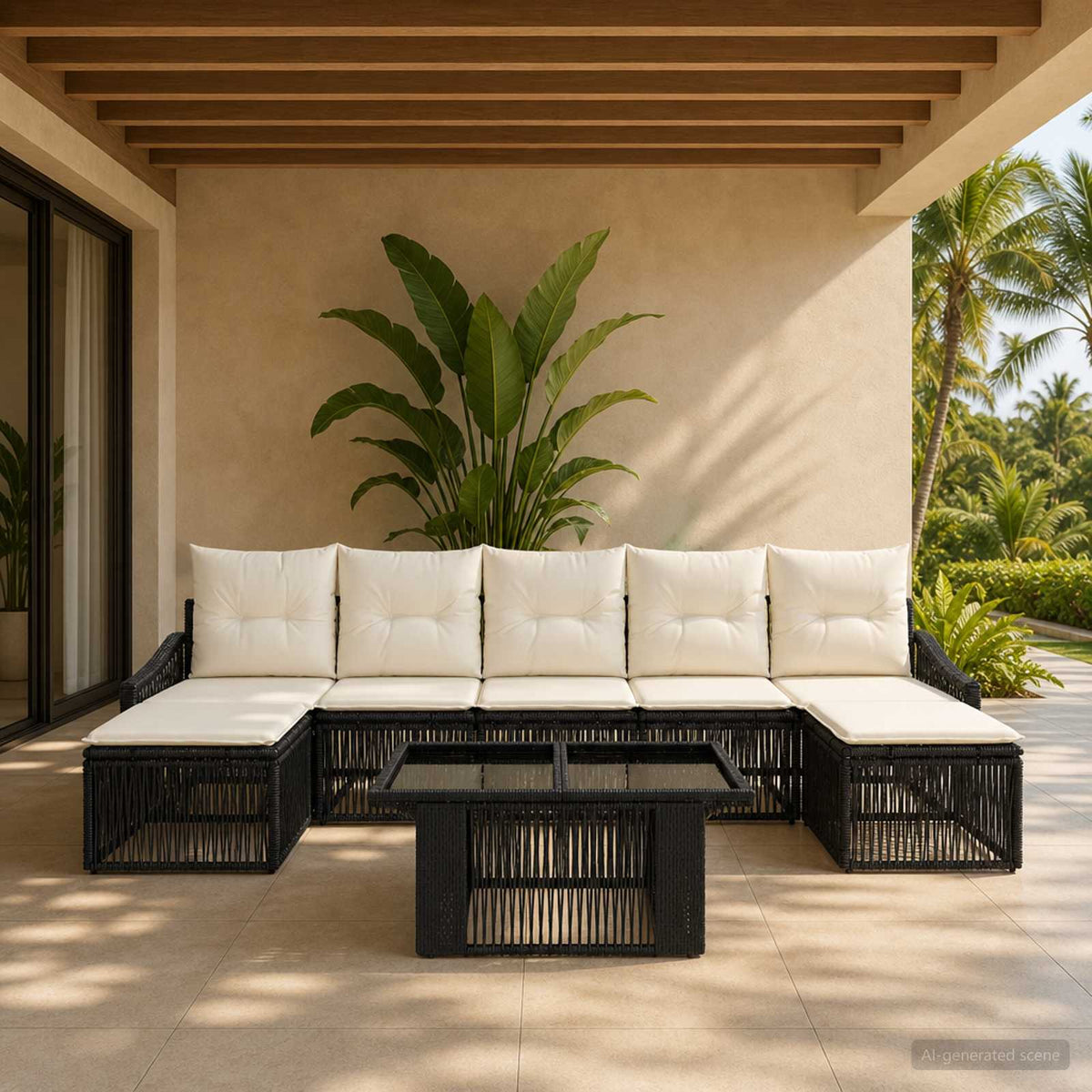 Gartensofa-set 8 stk. Schwarz und Cremeweiß Poly-Rattan