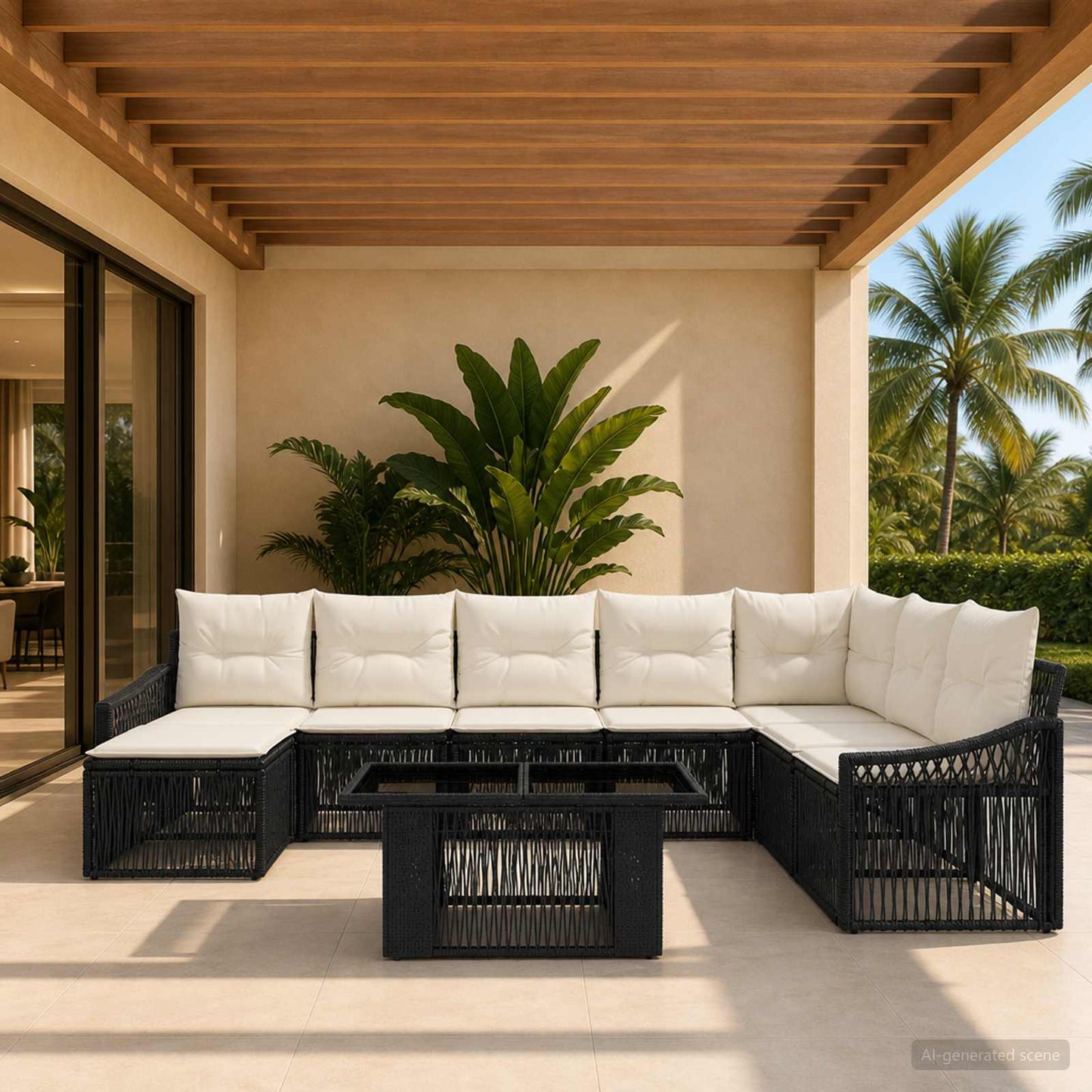 Gartensofa-set 9 stk. Schwarz und Cremeweiß Poly-Rattan
