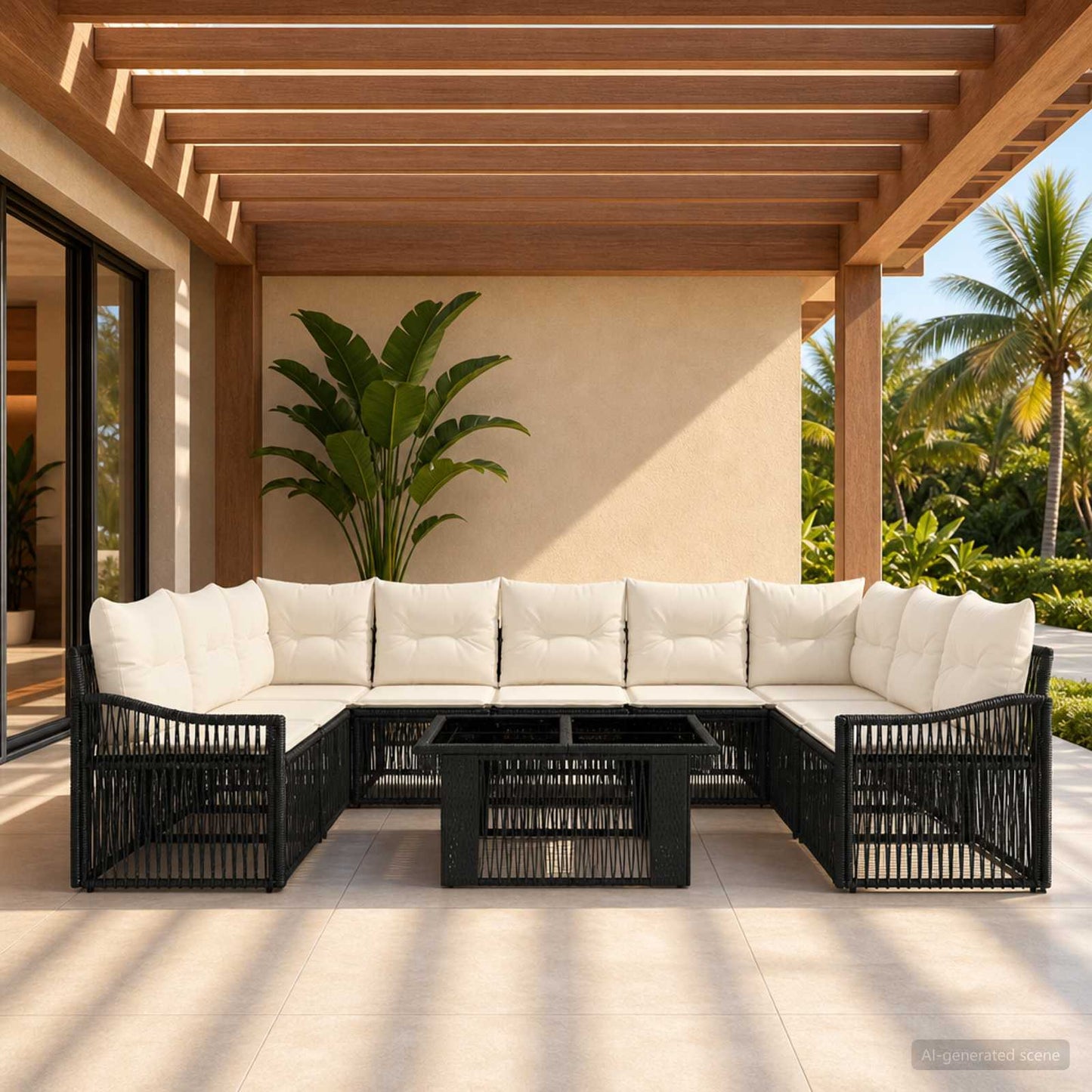 Gartensofa-set 10 stk. Schwarz und Cremeweiß Poly-Rattan