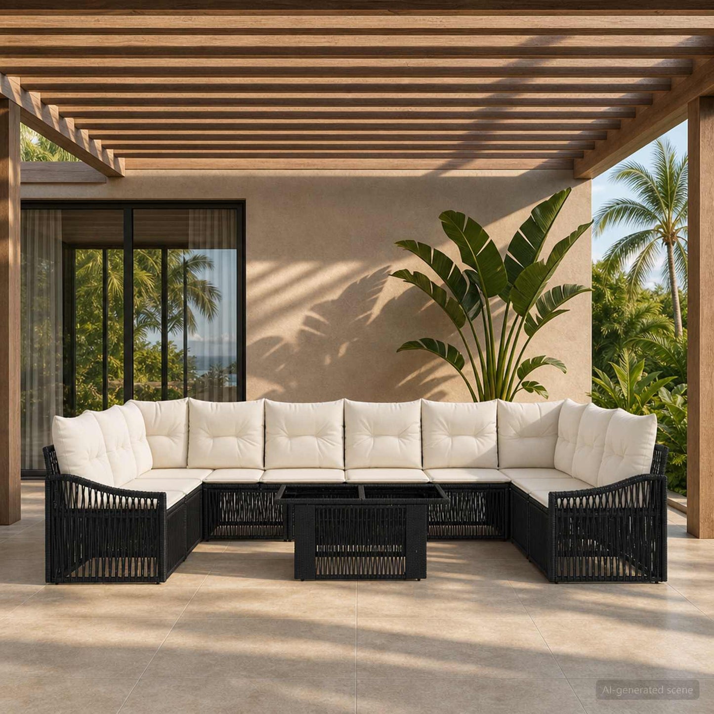Gartensofa-set 11 stk. Schwarz und Cremeweiß Poly-Rattan