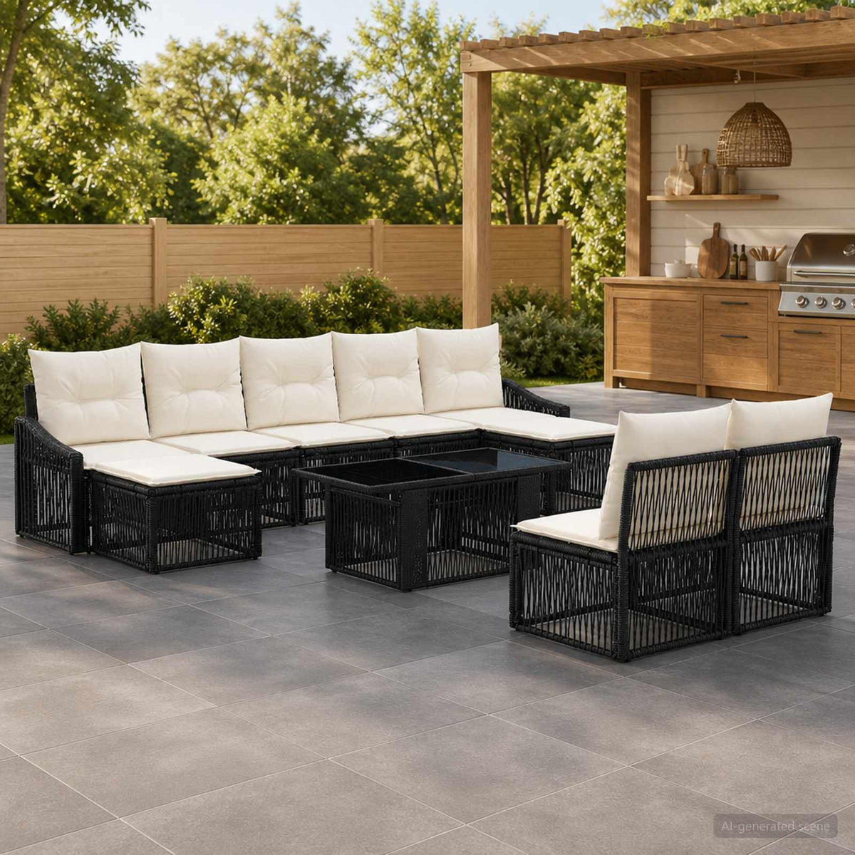 Gartensofa-set 10 stk. Schwarz und Cremeweiß Poly-Rattan