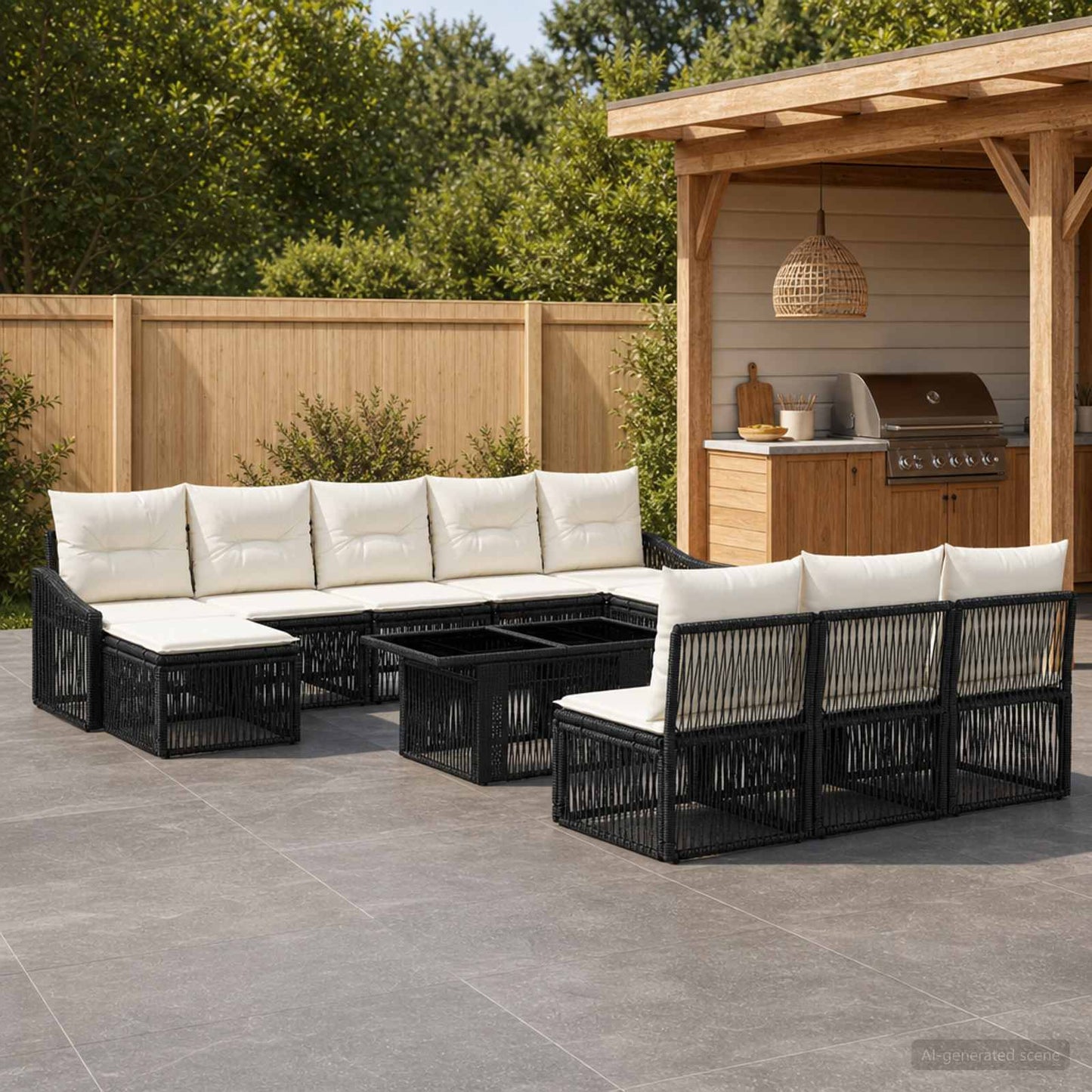 Gartensofa-set 11 stk. Schwarz und Cremeweiß Poly-Rattan
