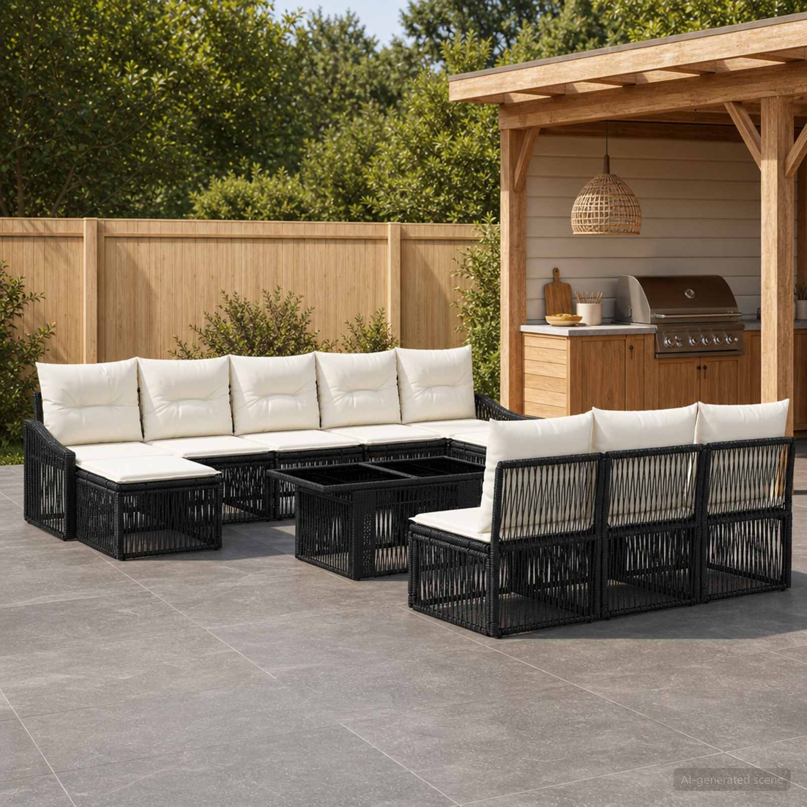 Gartensofa-set 11 stk. Schwarz und Cremeweiß Poly-Rattan
