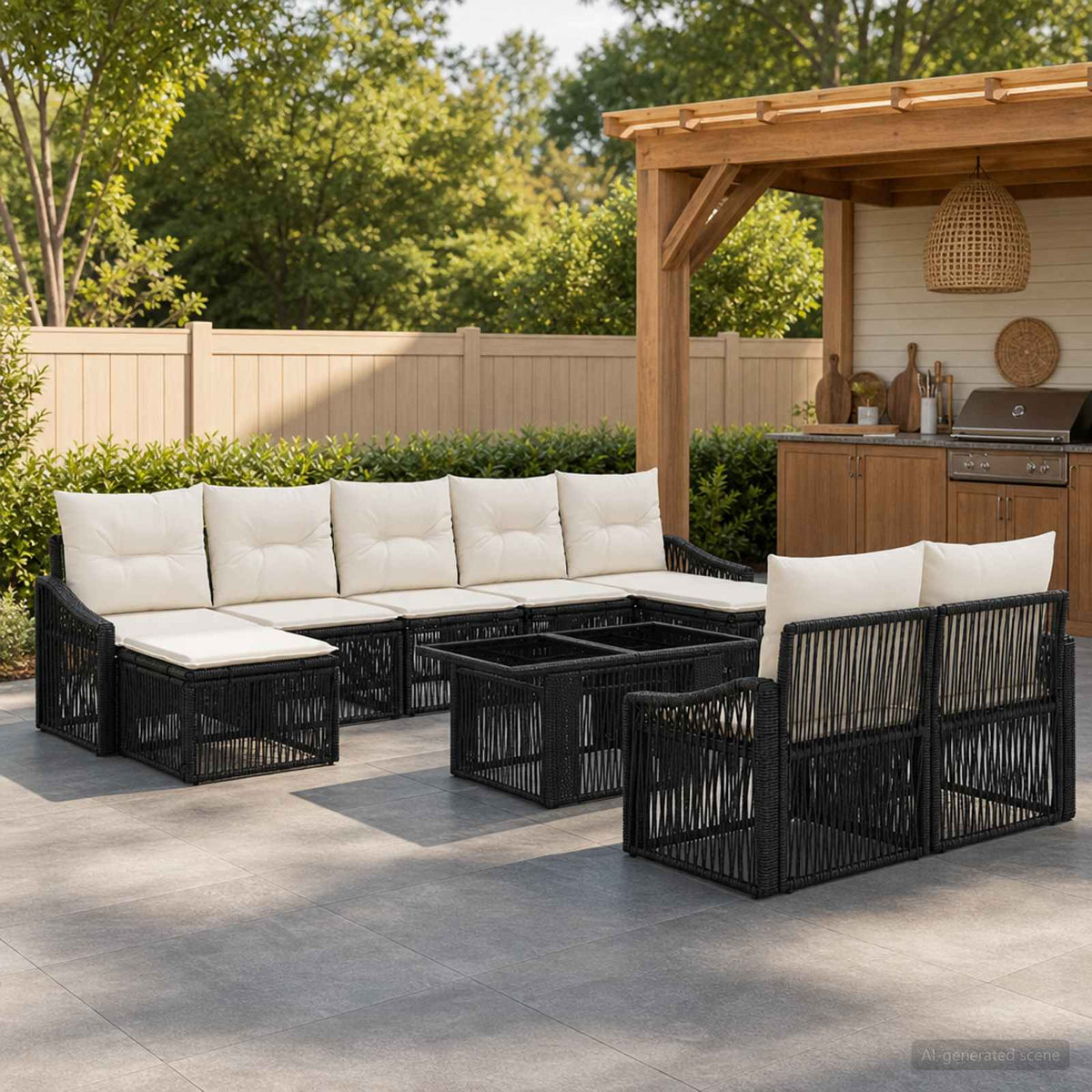 Gartensofa-set 10 stk. Schwarz und Cremeweiß Poly-Rattan