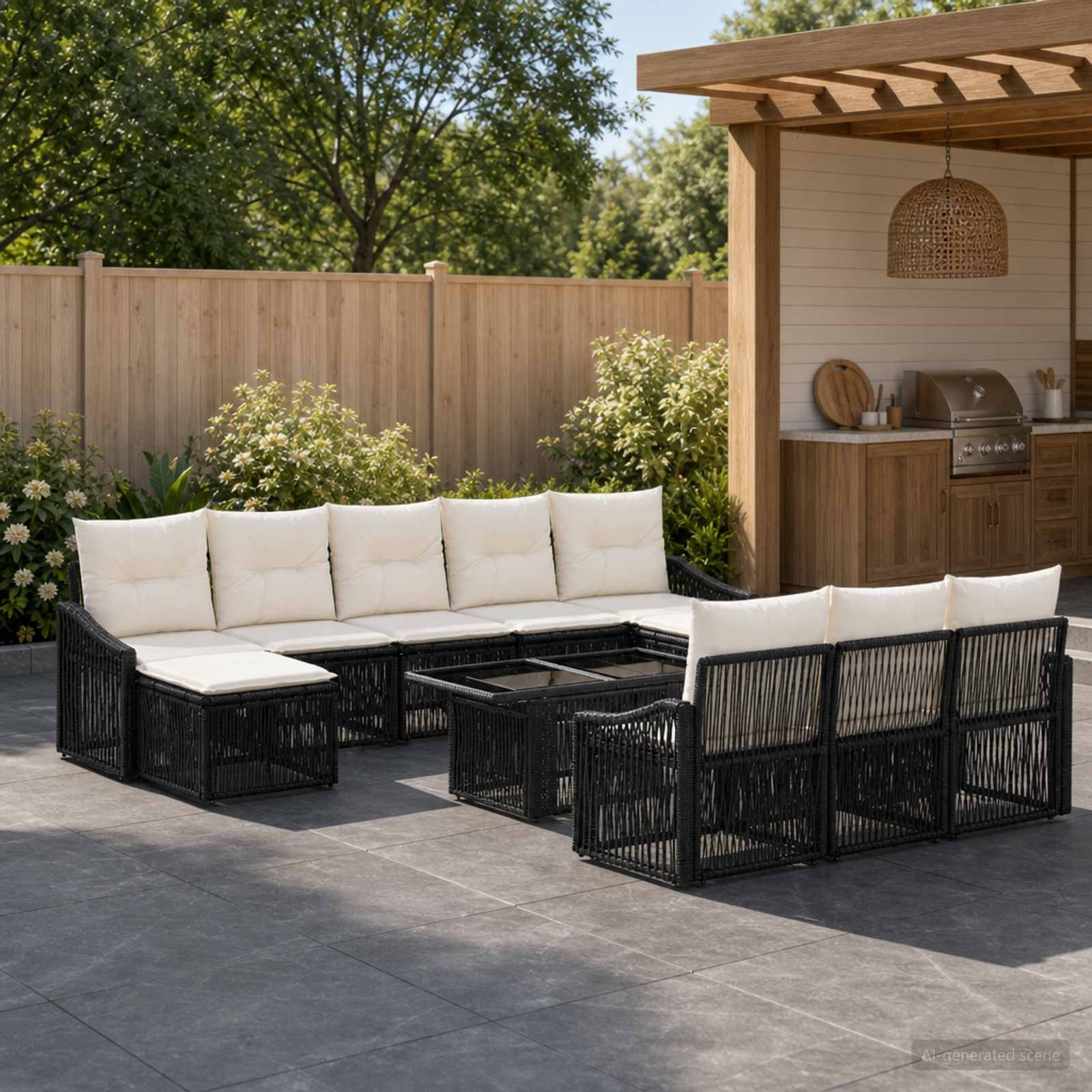 Gartensofa-set 11 stk. Schwarz und Cremeweiß Poly-Rattan