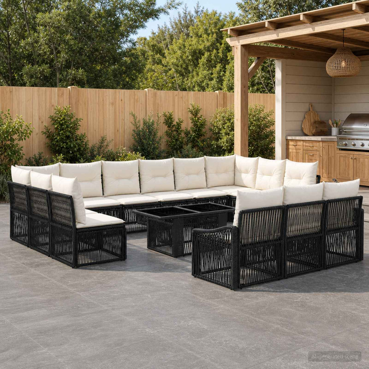 Gartensofa-set 14 stk. Schwarz und Cremeweiß Poly-Rattan