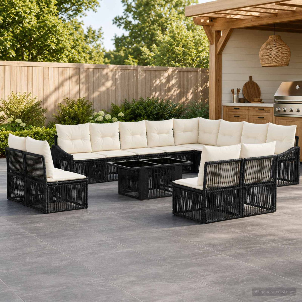 Gartensofa-set 13 stk. Schwarz und Cremeweiß Poly-Rattan