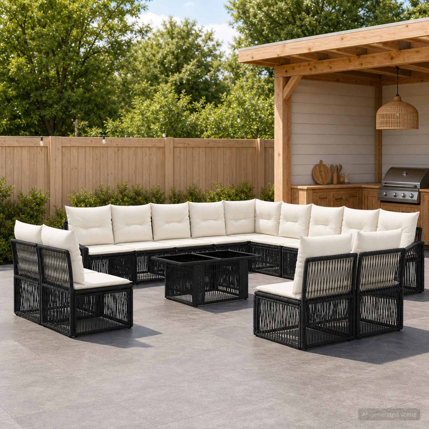 Gartensofa-set 14 stk. Schwarz und Cremeweiß Poly-Rattan