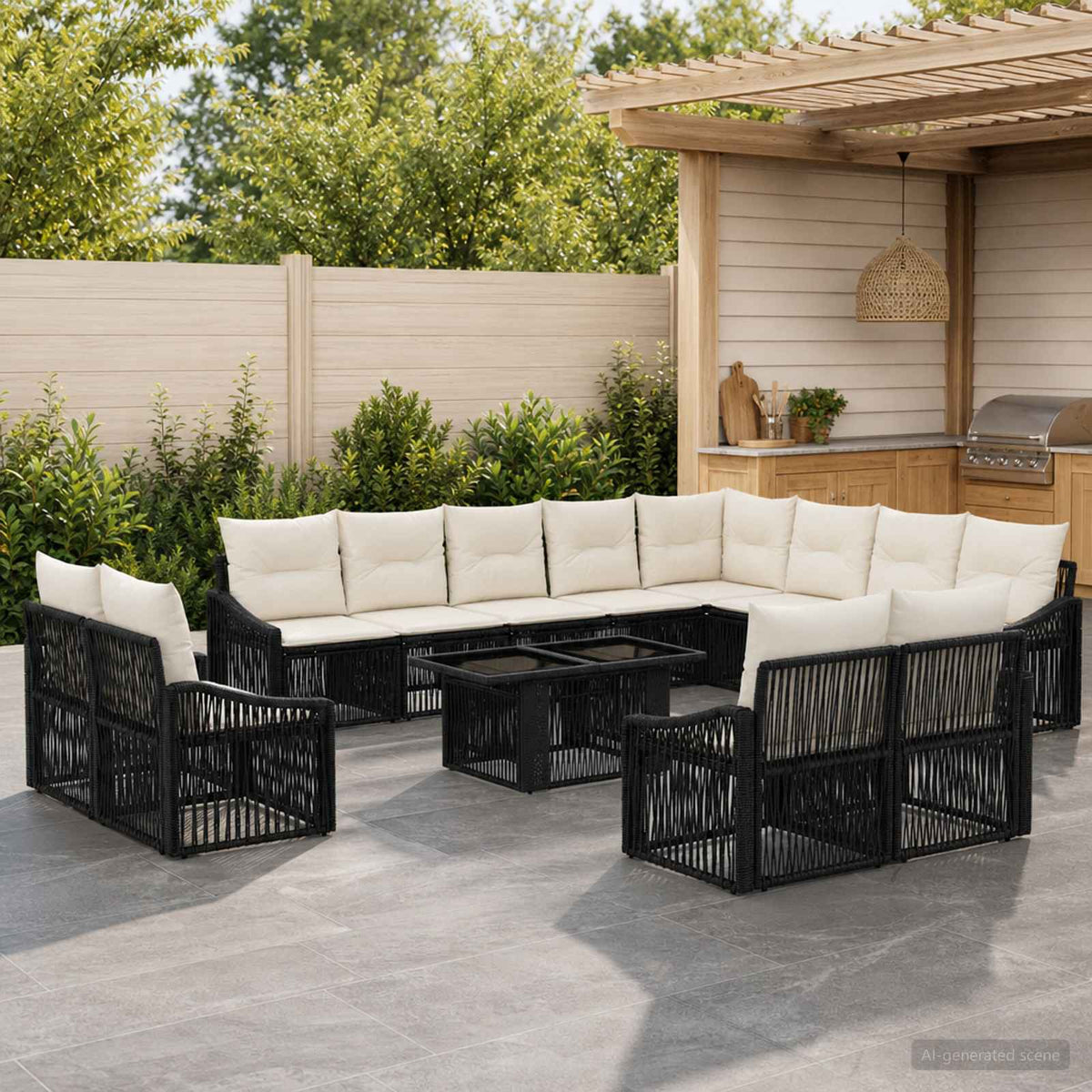 Gartensofa-set 13 stk. Schwarz und Cremeweiß Poly-Rattan