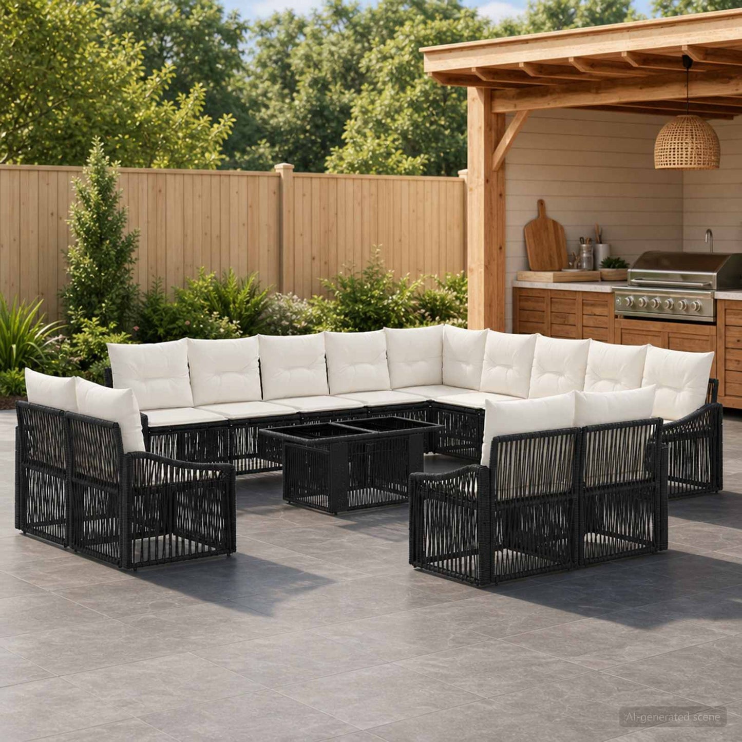 Gartensofa-set 14 stk. Schwarz und Cremeweiß Poly-Rattan