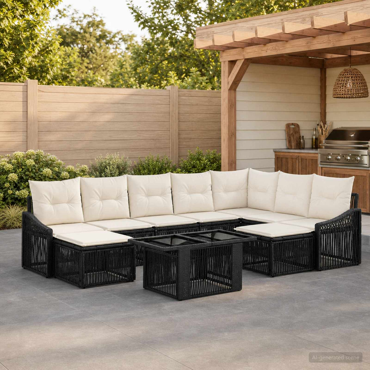 Gartensofa-set 10 stk. Schwarz und Cremeweiß Poly-Rattan