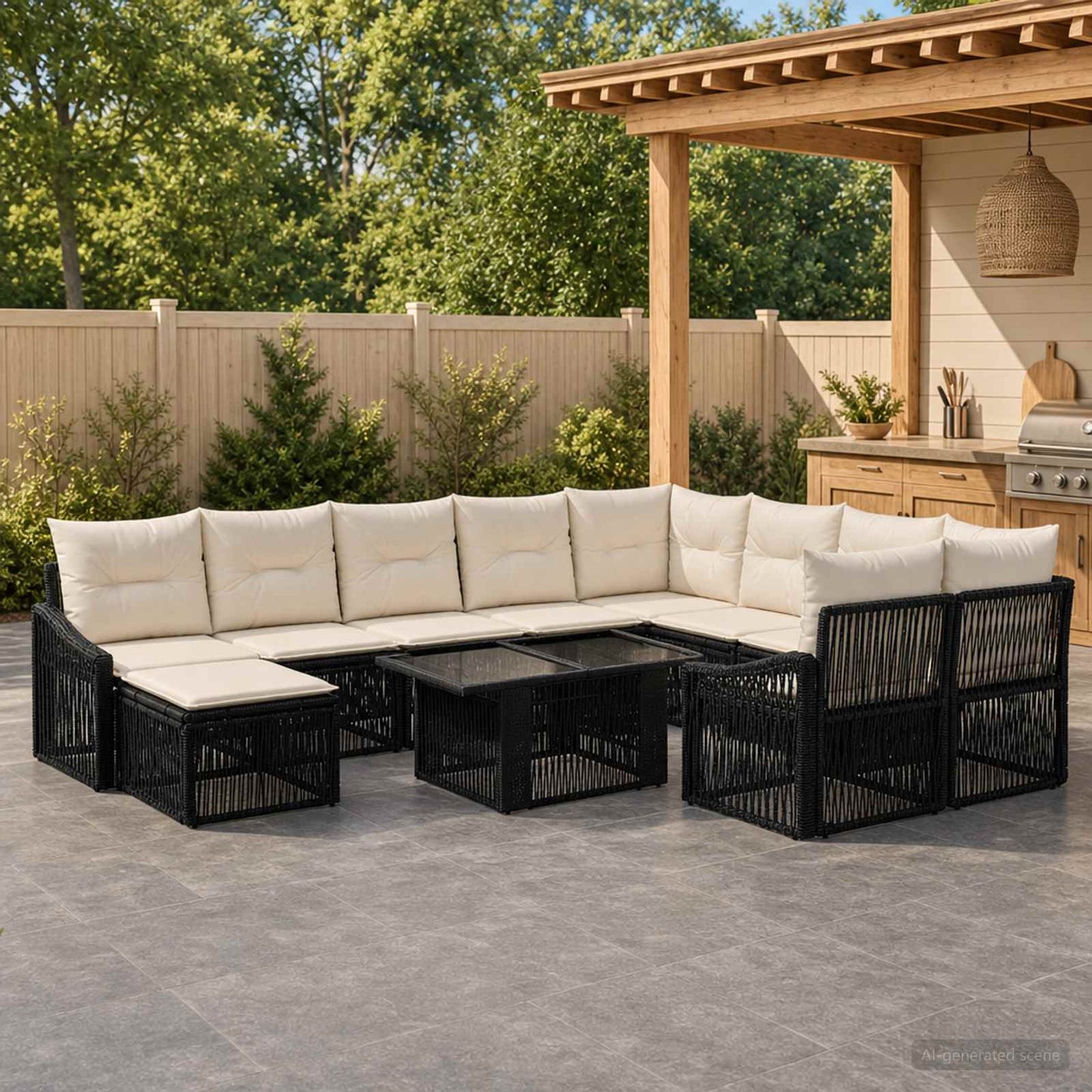 Gartensofa-set 11 stk. Schwarz und Cremeweiß Poly-Rattan