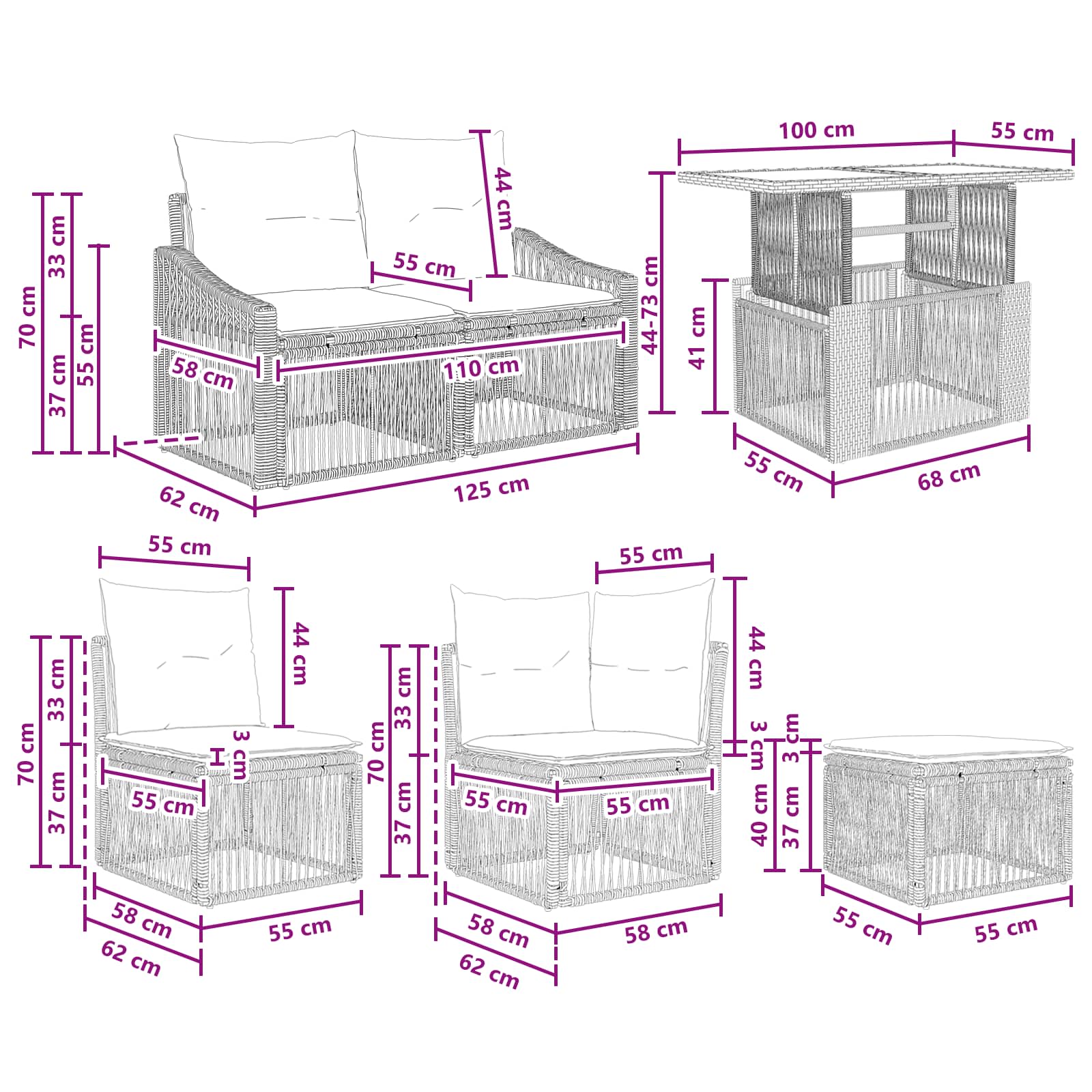 Gartensofa-set 11 stk. Schwarz und Cremeweiß Poly-Rattan