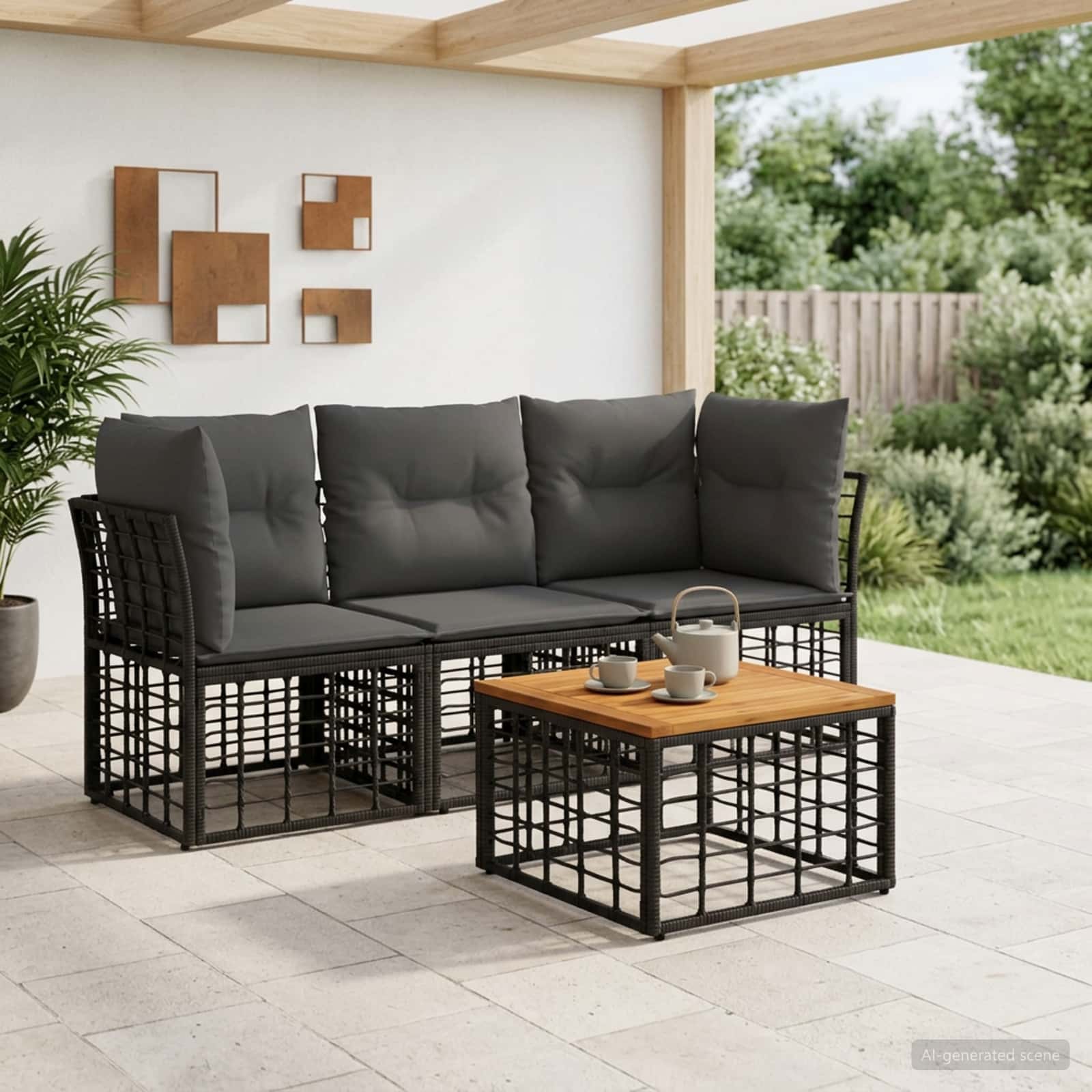 Outdoor-Sofagarnitur 4 stk. Schwarz und Dunkelgrau Polyester