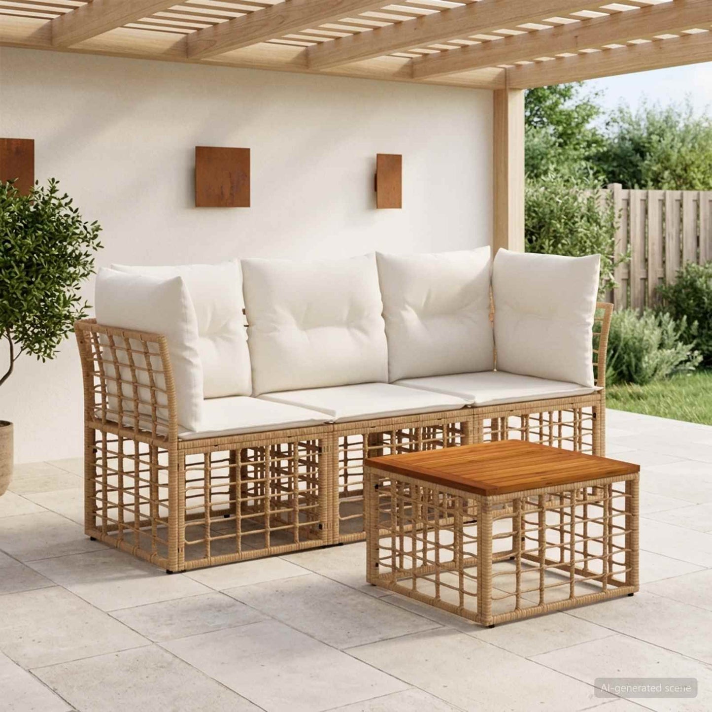 Outdoor-Sofagarnitur 4 pcs Natürlich und Cremweiß Polyester