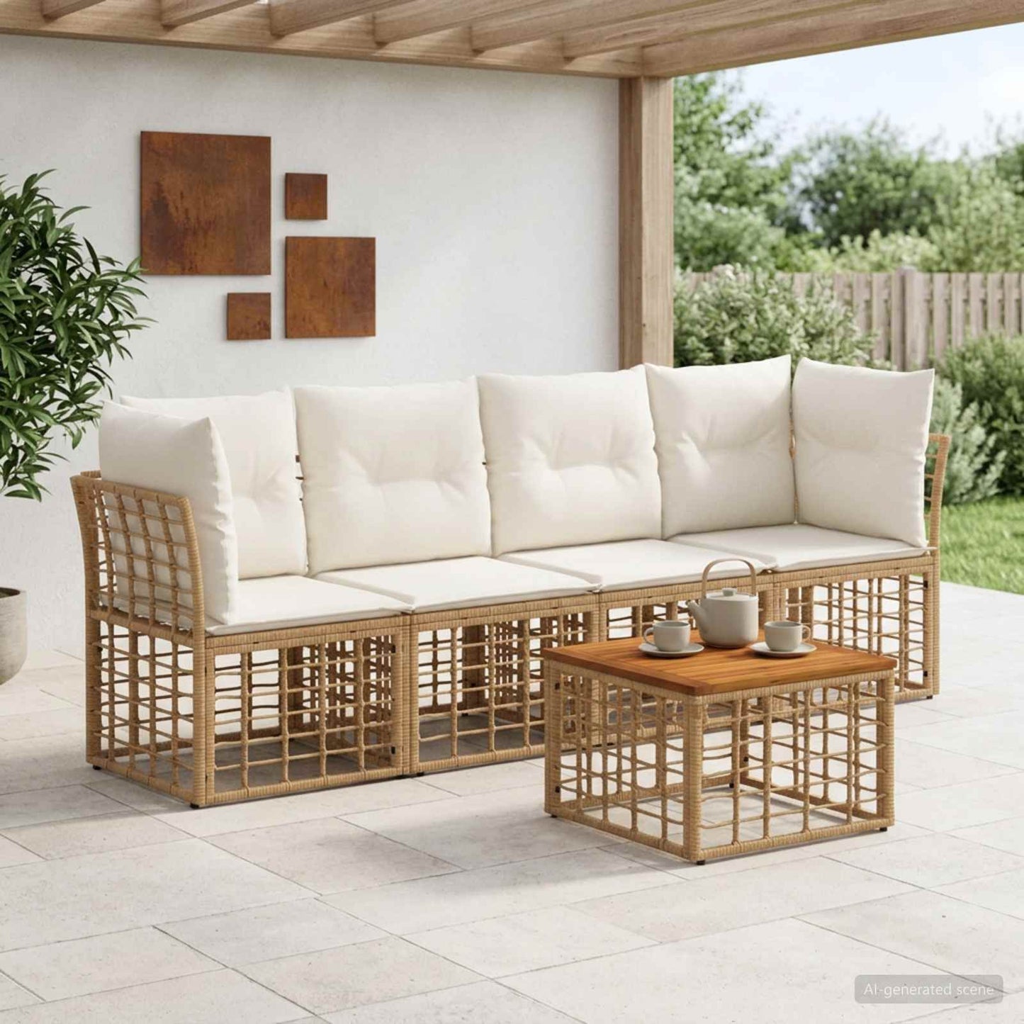 Outdoor-Sofagarnitur 5 pcs Natürlich und Cremweiß Polyester