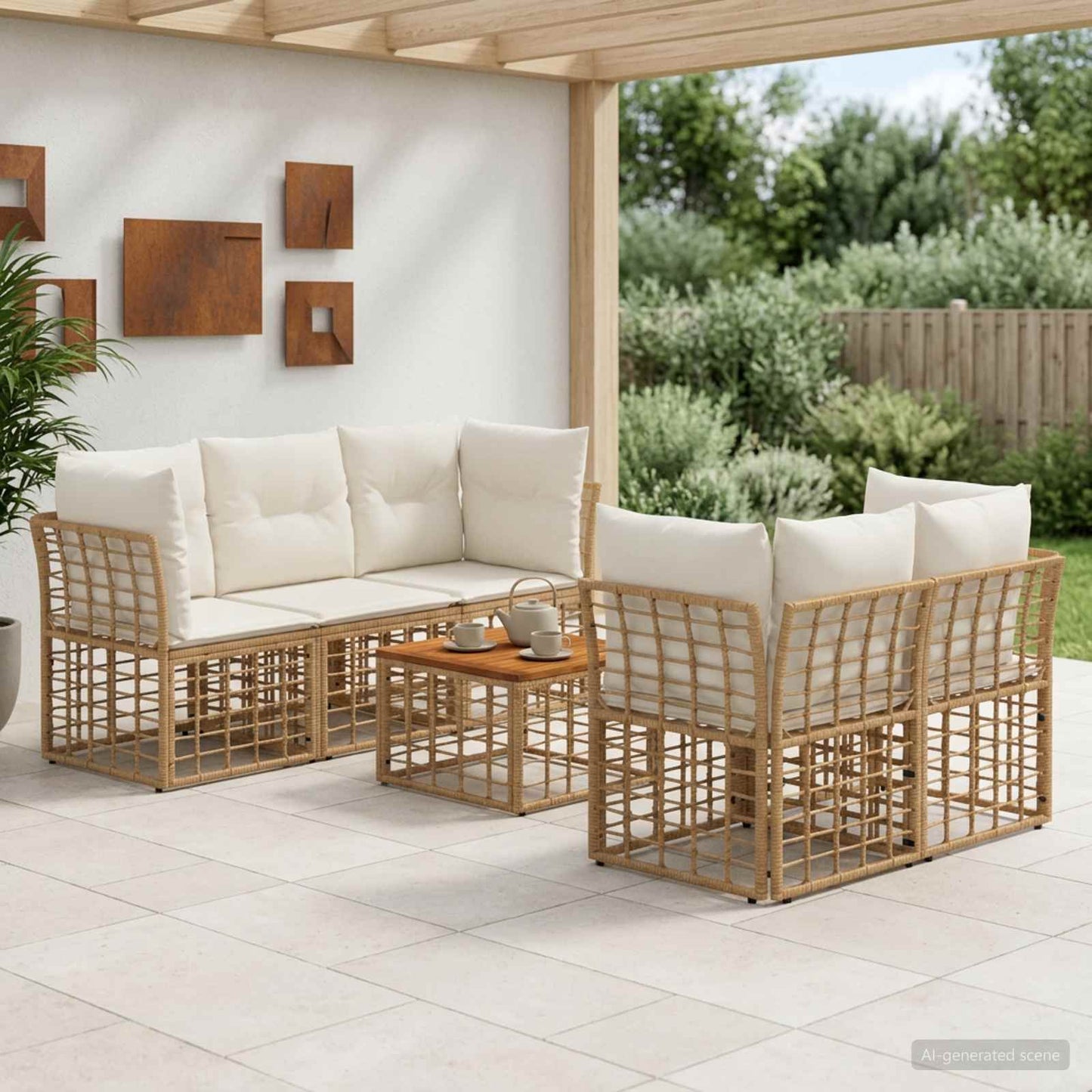 Outdoor-Sofagarnitur 6 stk. Natürlich und Cremweiß Poly-Rattan