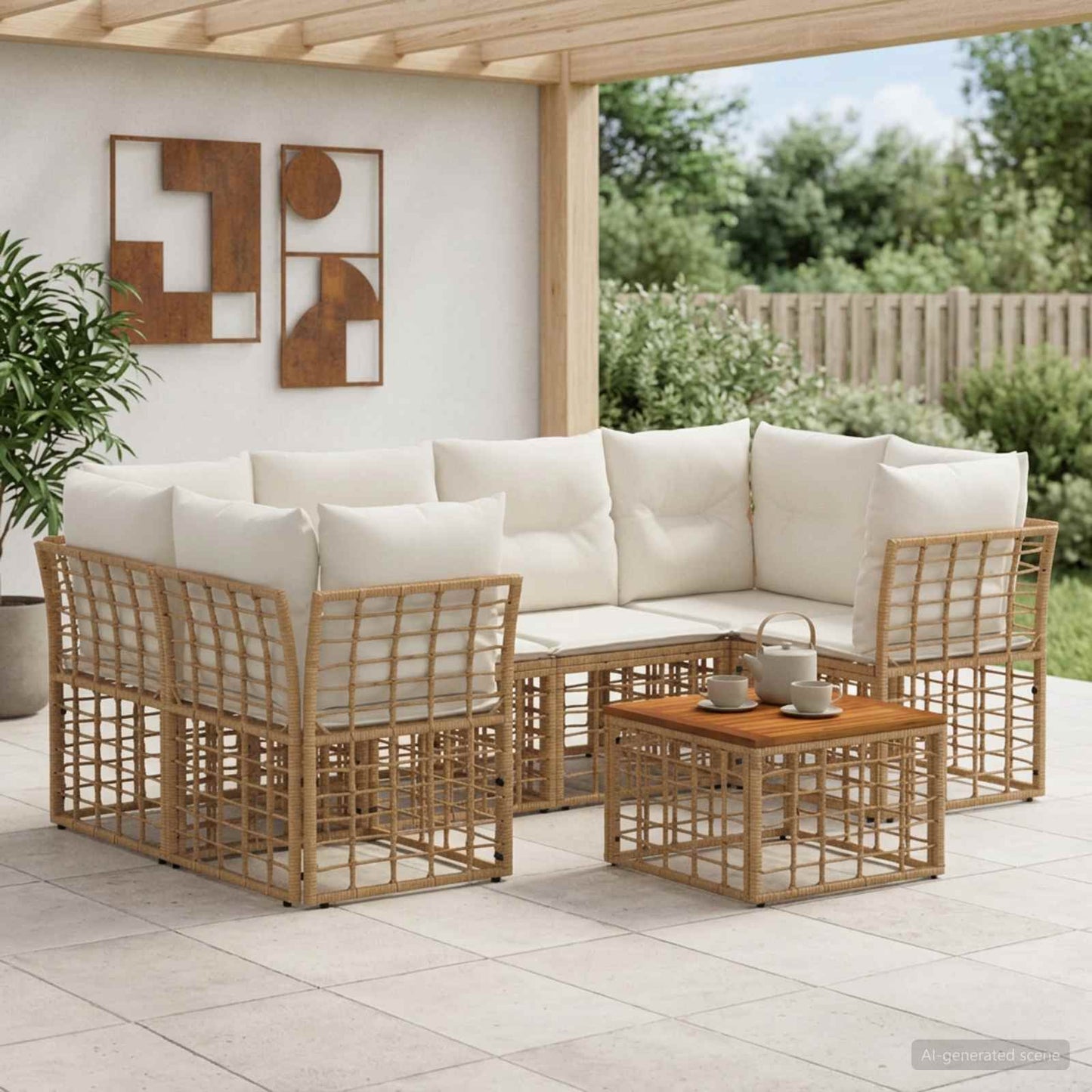 Outdoor-Sofagarnitur 7 stk. Natürlich und Cremweiß Poly-Rattan