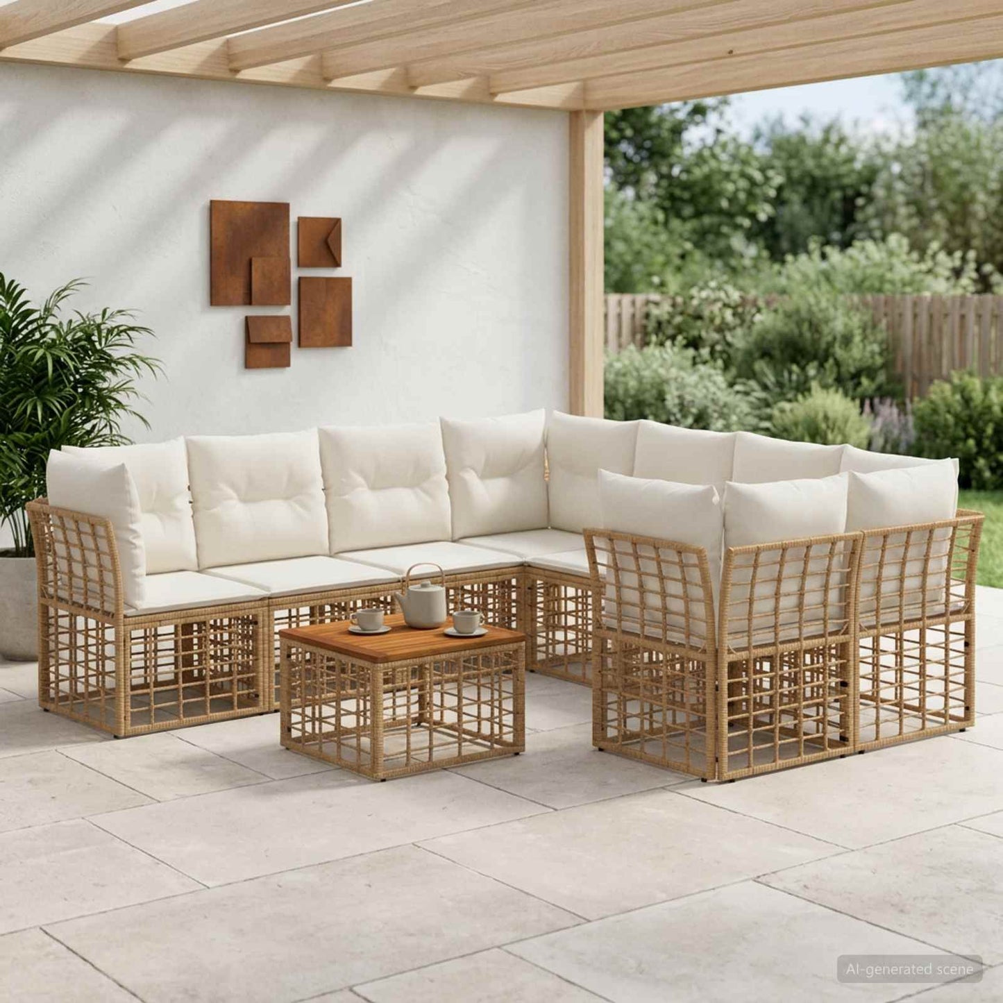 Outdoor-Sofagarnitur 9 stk. Natürlich und Cremweiß Poly-Rattan