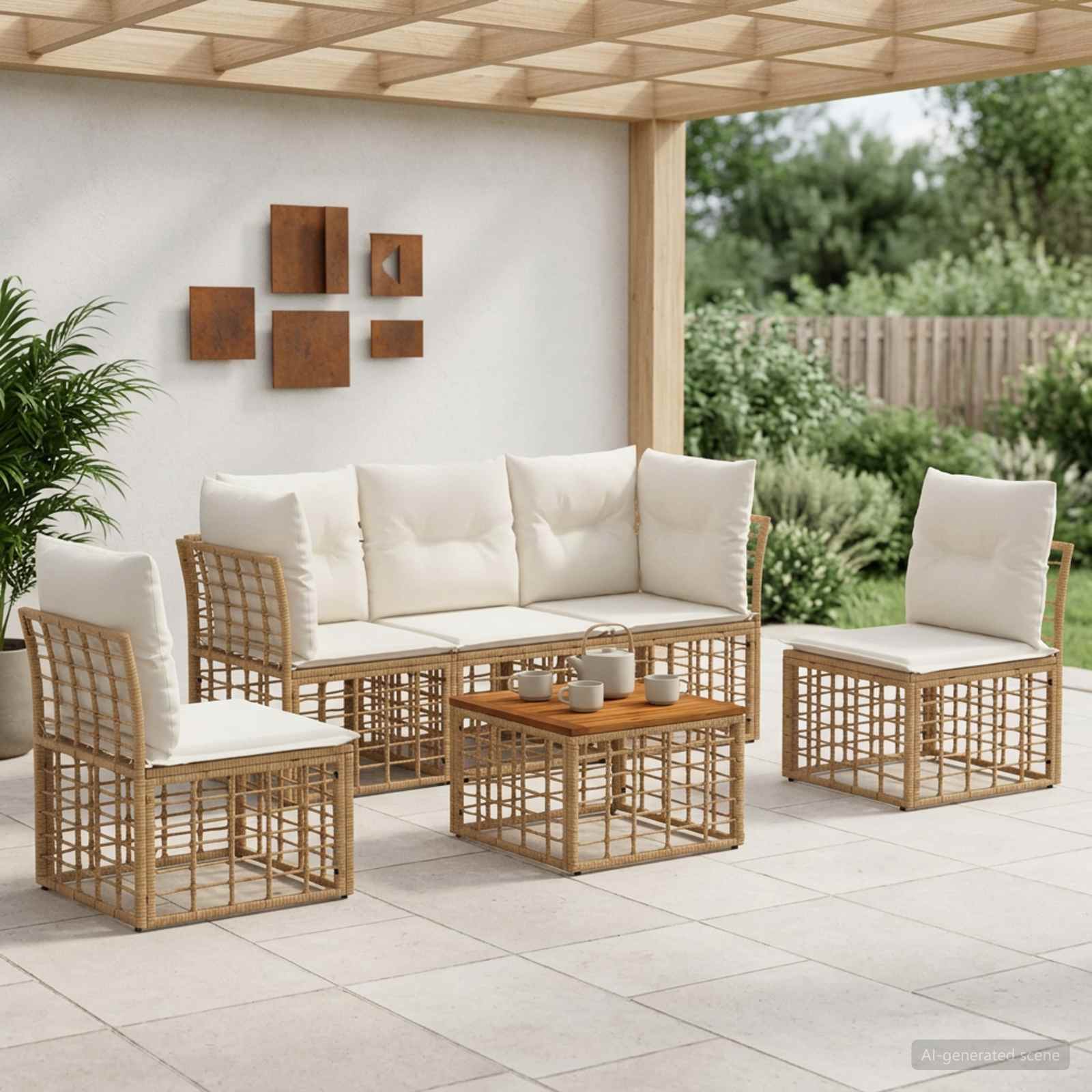 Outdoor-Sofagarnitur 6 pcs Natürlich und Cremweiß Polyester